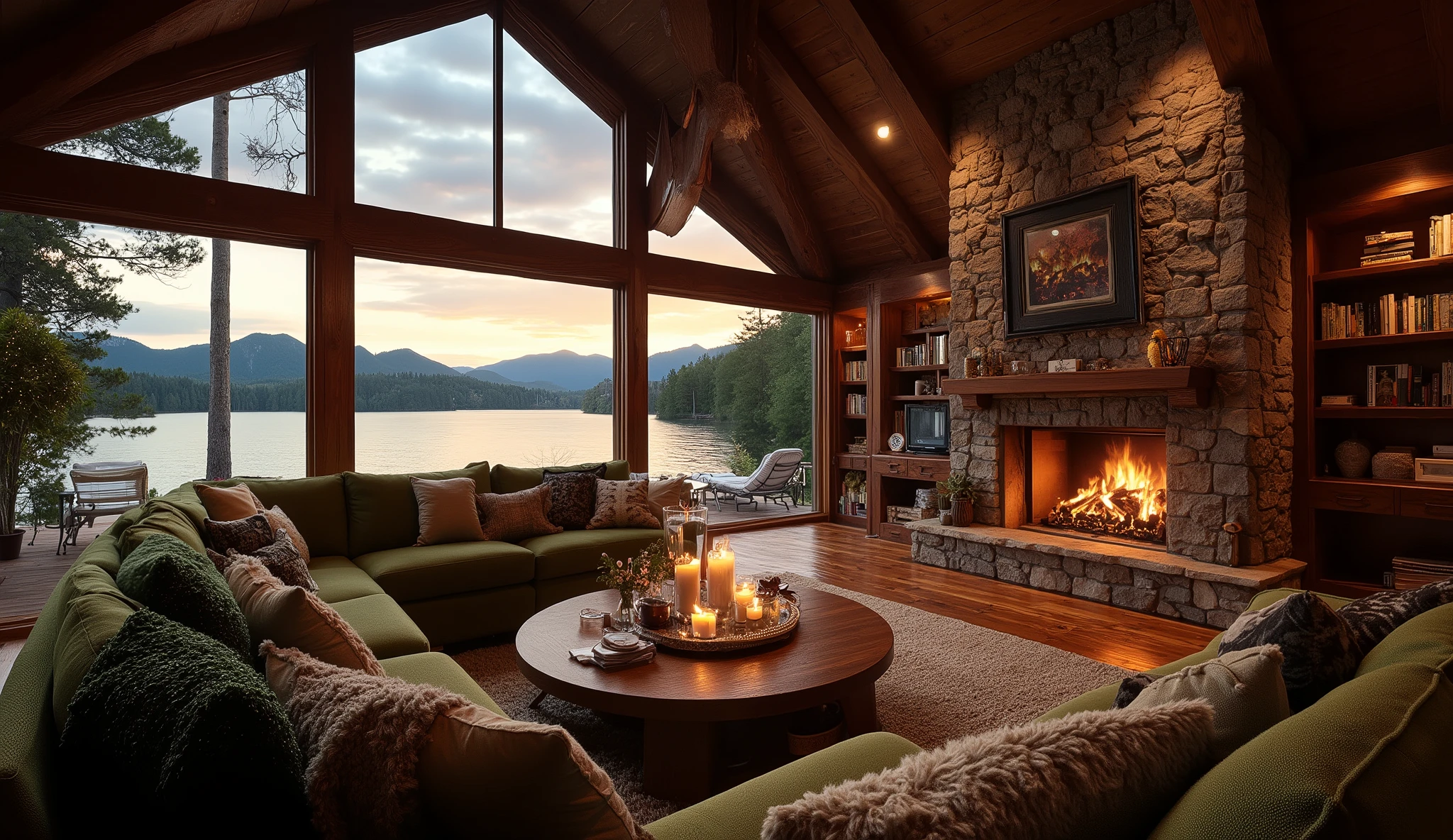 A photograph of a cozy, modern lakefront cabin living room at sunset. Large floor-to-ceiling windows overlook a tranquil lake, pine forest, and distant mountains. A massive stone fireplace with a roaring fire is on the right, next to built-in wooden bookshelves filled with books. A large green sectional sofa loaded with pillows and throws faces the view, with a round wooden coffee table adorned with lit candles and decor. The room is filled with warm, golden light creating a relaxed atmosphere. Exposed timber beams and natural stone textures. Outside on the deck are lounge chairs and furniture.