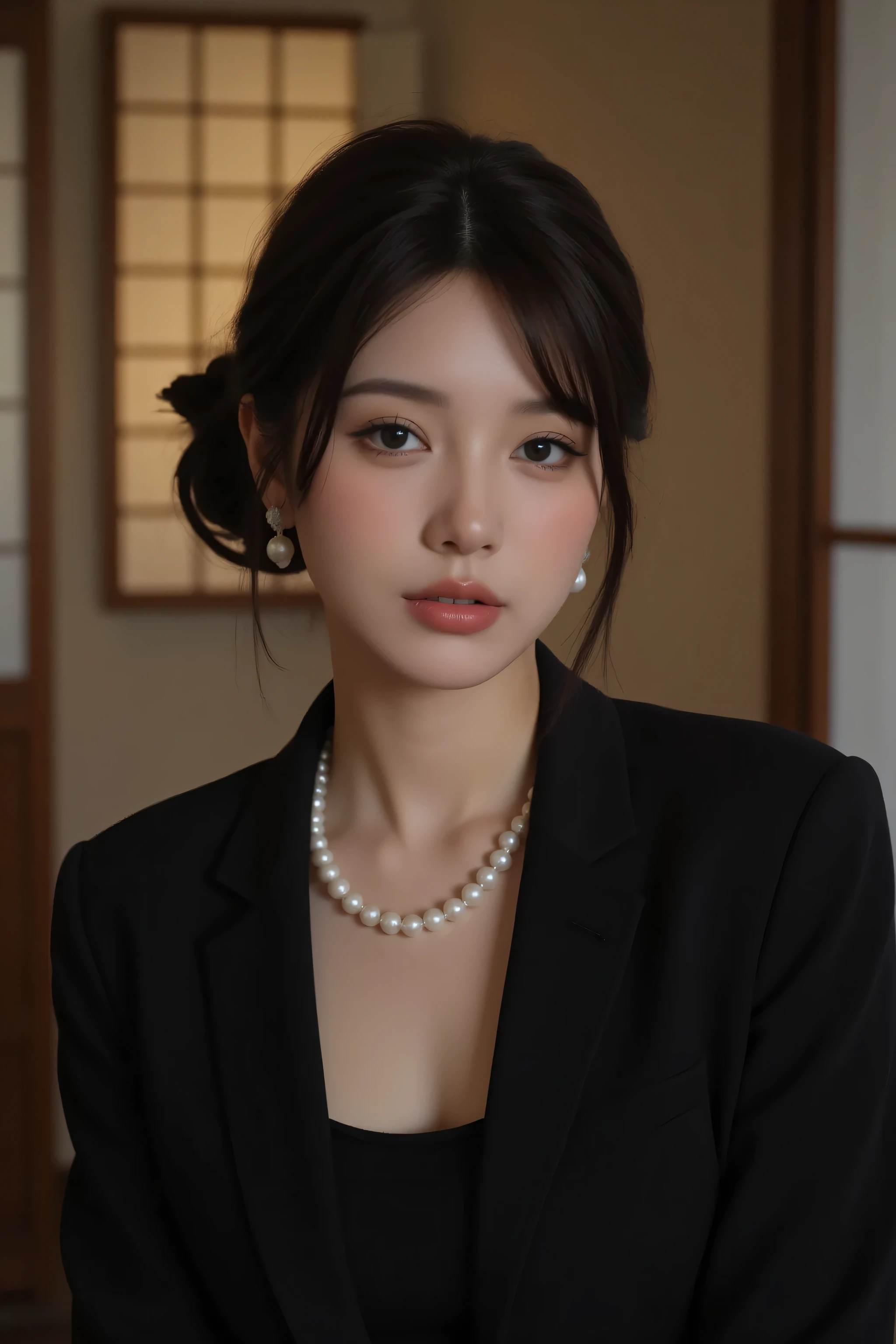 (top quality、Greatest Masterpieces、8k、best image quality、winning works)、(beautiful 40 year old mature woman:1.4)、 perfect and beautiful composition 、(black jacket:1.2)、(Black U-neck inner:1.3)、(disconnect:1.2)、Wrinkled old face、big boobs、(formal short tied chignon :1.2)、(face close-up:1.3)、(perfect large pearl necklace:2)、standing gracefully、Modest Light Makeup、 super high resolution beautiful face 、ultra high definition hair、super high resolution sparkling eyes、Ultra High Resolution Gloss Slips、accurate anatomy、(that' dark、優雅な和室の背景に際立つQuota縁:1.5)、(simple Japanese-style room with only warm lamp light:1.5)、(sad expression :1.5)、sliding door、Shoji screen、tatami、(Warm lamp backlight:1.5)、(Quota(Forehead)is coming out of anal:1.5)、dark haired