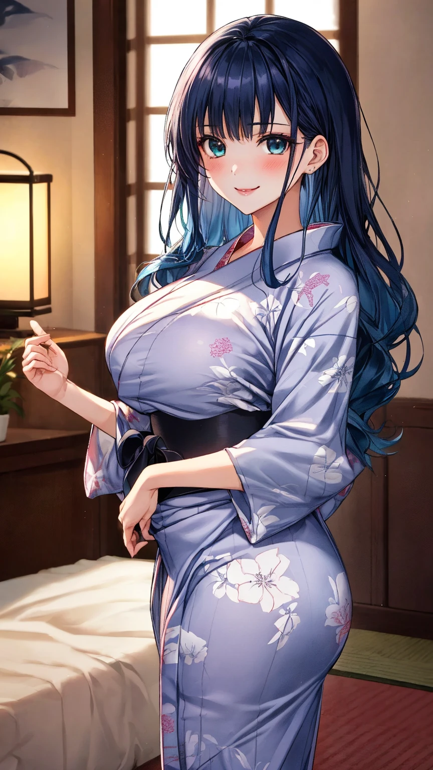 top-quality、Top image quality、​masterpiece、teens girl((18year old、 Ager、Best Bust、,wide open  tea、light blue eyerest, Black and light blue hair、A slender,Large valleys、dye one's cheeks red、disheveled black yukata、Sit up、Being drunk、Bright red in the face、Disturbed pose、sexypose、seductiv)),hiquality、Beautiful Art、Background with((Ryokans in Japan、Night Hostel、Ryokan rooms、Tatami mats、Sake、dark ilumination、futon bedding))、masutepiece、depth of fields、movie、