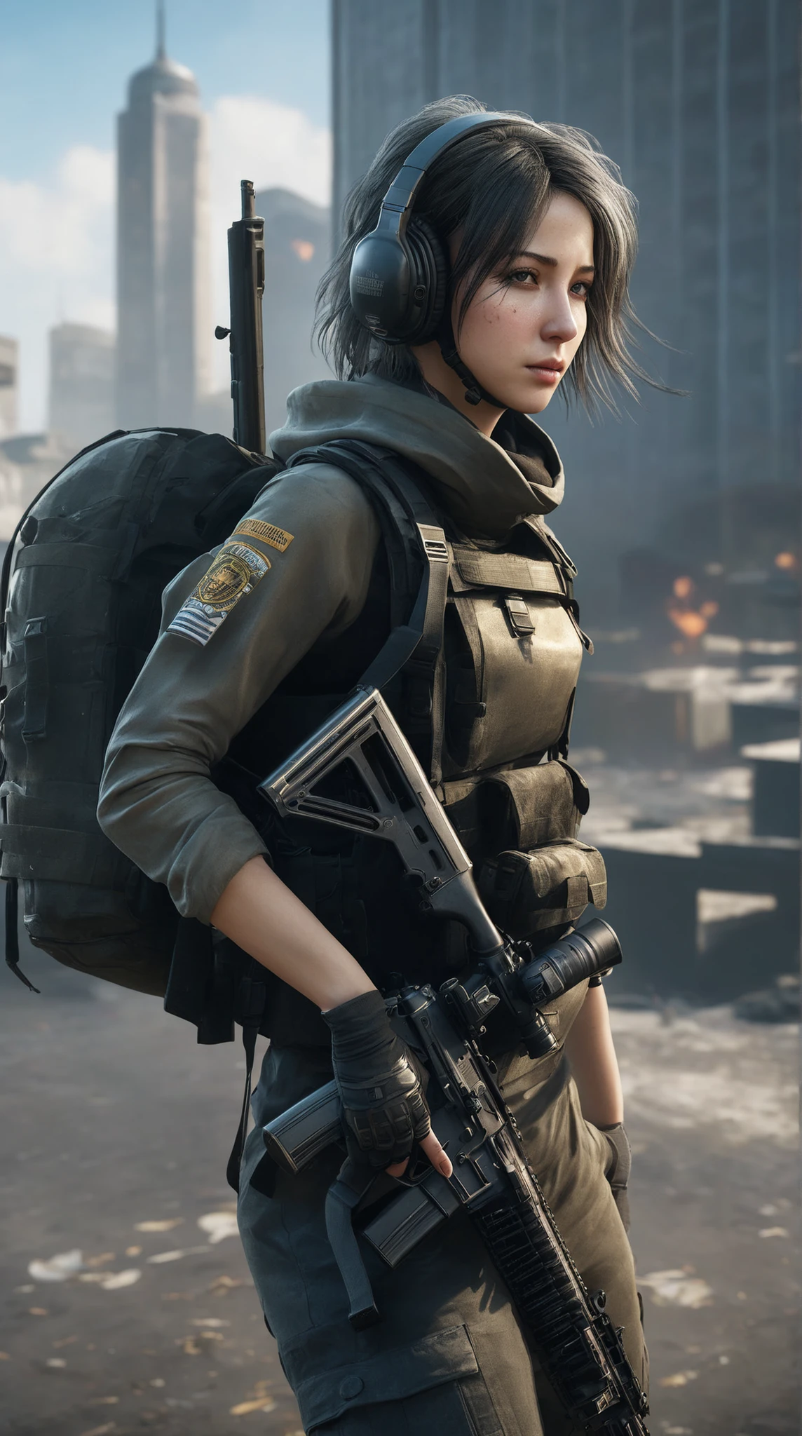 highdefinition picture、PLAYERUNKNOWN'S BATTLEGROUNDS、A fully armed female soldier is hiding and taking aim in a cyber city