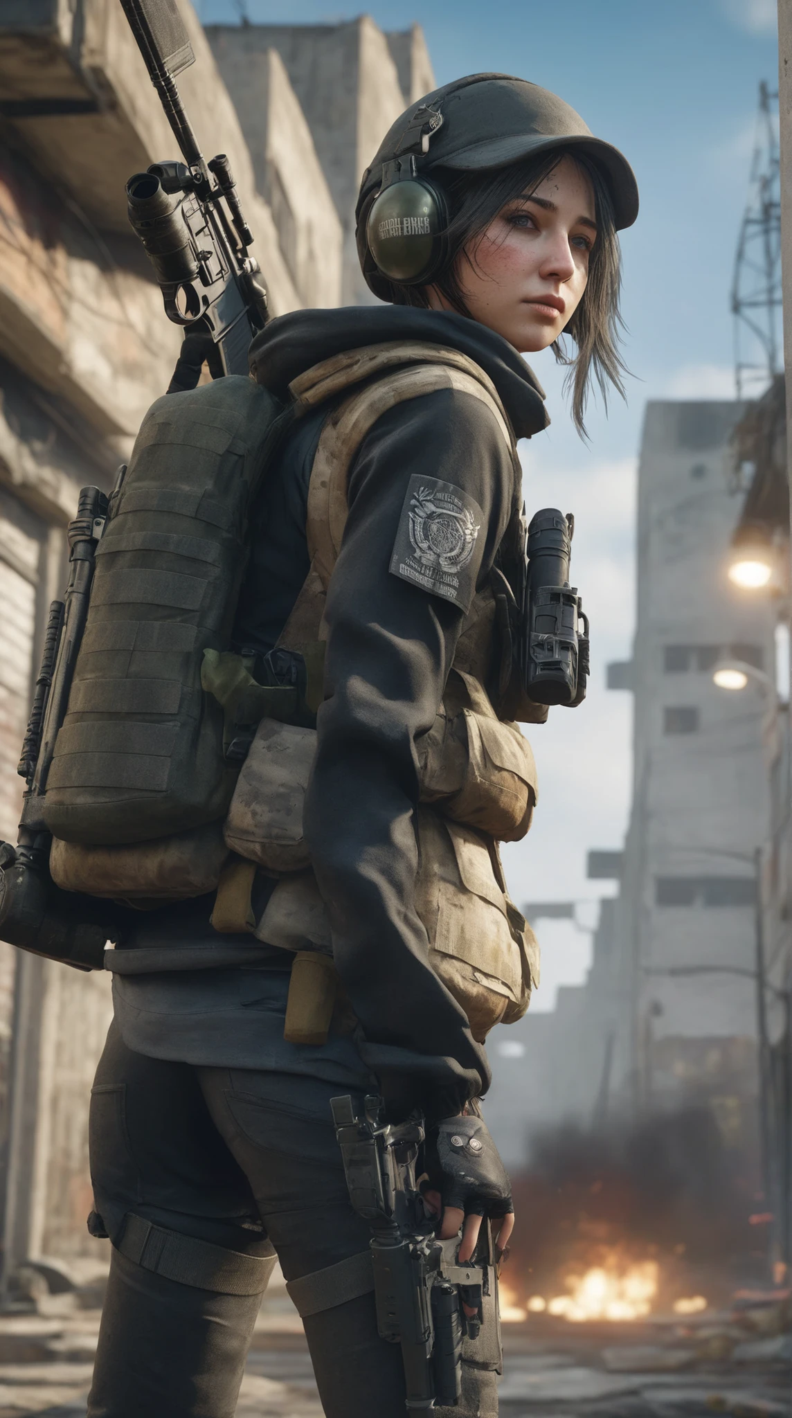 highdefinition picture、PLAYERUNKNOWN'S BATTLEGROUNDS、A fully armed female soldier is hiding and taking aim in a cyber city