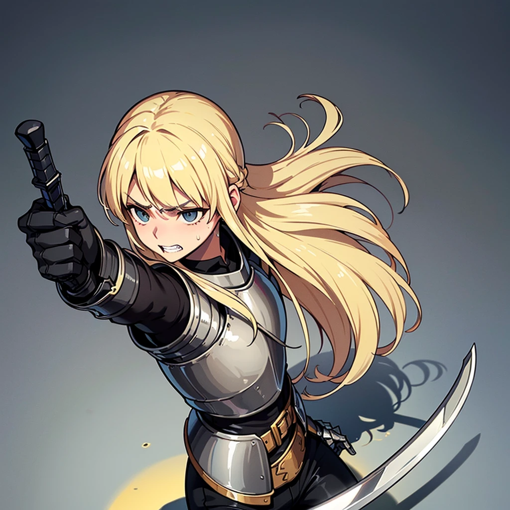 (((Solo)))、Highest quality, Best Quality、8K、(Full body character concept、detailed)、(((Gray simple armor、Black trousers、Black gloves))、(woman、18-year-old)、(Blonde、Long Hair)、(((Grab the sword)))、(Glowing light background)、(Fighting stance,)、Dramatic Angle、(Blue and yellow aura)、(From below)