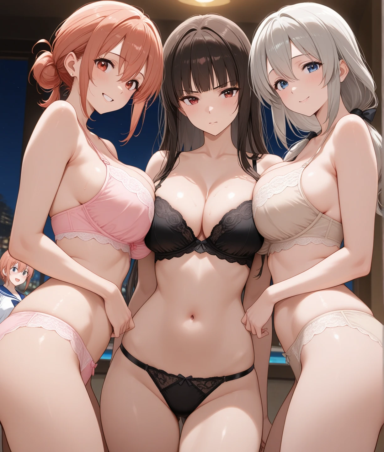 5 women, 14 years old, blush, GirlA{naked, long black hair}, GirlB{uniform, Braid}, Girl C{cheongsam clothing, }, Girl D{big , }, Girl E{micro , flat }