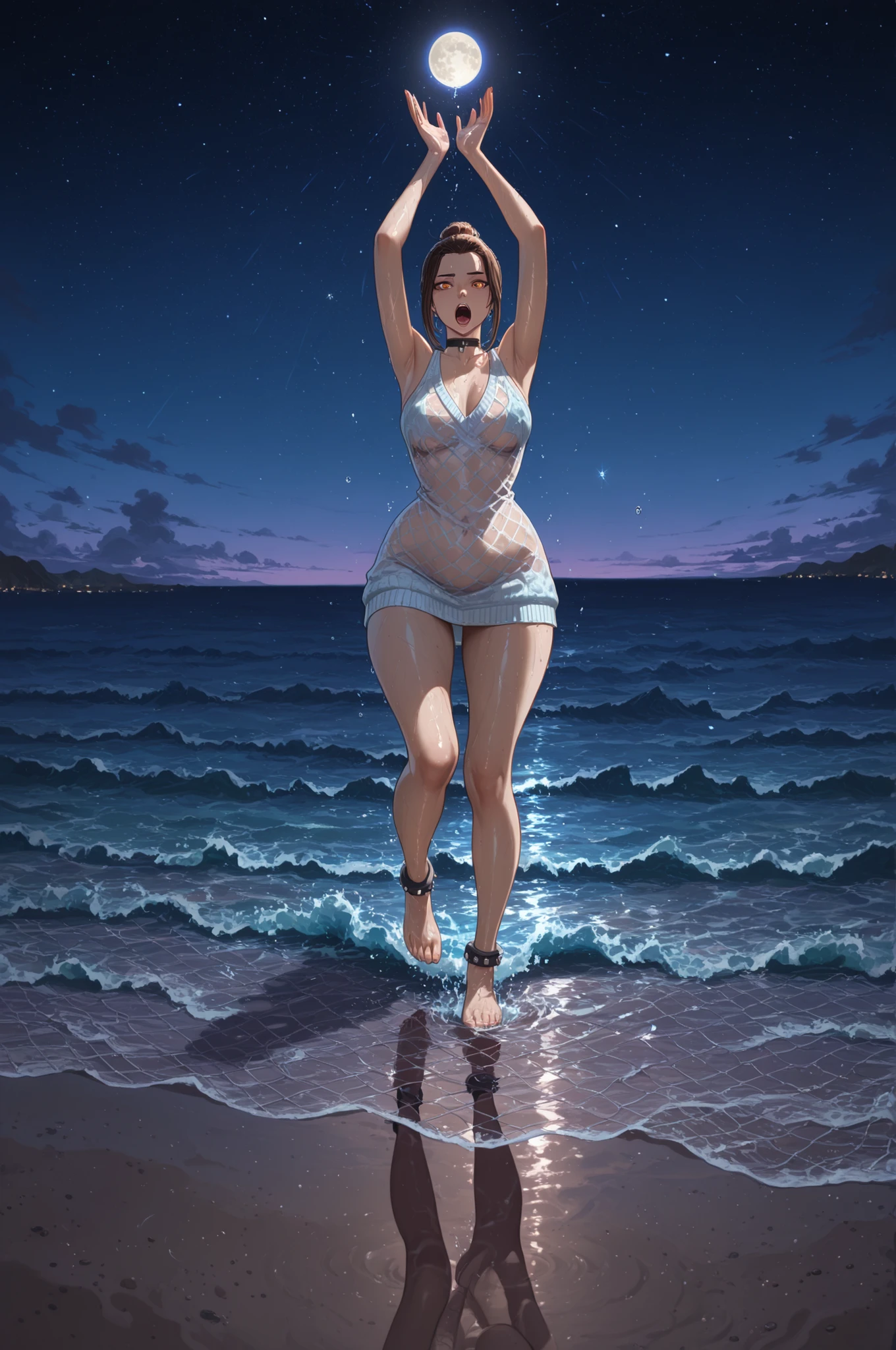  Azula , amber eyes . wavy dark brown hair strands above her shoulders. short hair. small saggy breasts. huge hips. choker. |  Moonlit beach scene at midnight, solitary figure standing in shallow ocean waves, chasing the moon’s reflection. The character wears a thick knitted sweater and a long, flowing, oversized skirt that ripples in the sea breeze. In their hands — a large fishing net held high, catching and refracting the moonlight into shimmering beams and patterns. Moon rays pierce through the net’s mesh, creating a web of silvery light on the water and sand. The figure’s posture is dynamic: arms raised high, head tilted upward, mouth open in a silent cry of frustration or longing. Ocean waves gently crash around their ankles, reflecting the lunar glow. In the background — a vast, star‑studded sky and a distant horizon where sea meets sky. Soft mist rises from the water, blurring the boundary between reality and illusion. Color palette: cool blues, silvers, and deep purples with subtle iridescent highlights. Photorealistic style, 8k resolution, detailed textures (knitted fabric, wet sand, net mesh, water droplets). Cinematic lighting with strong contrast between moonlight and shadow. Professional composition, focus on the emotional tension between pursuit and elusion. PG‑13 tone (no explicit distress, emphasis on poetic struggle). Best quality, atmosphere of mystical longing and the fragile line between dreams and reality.

