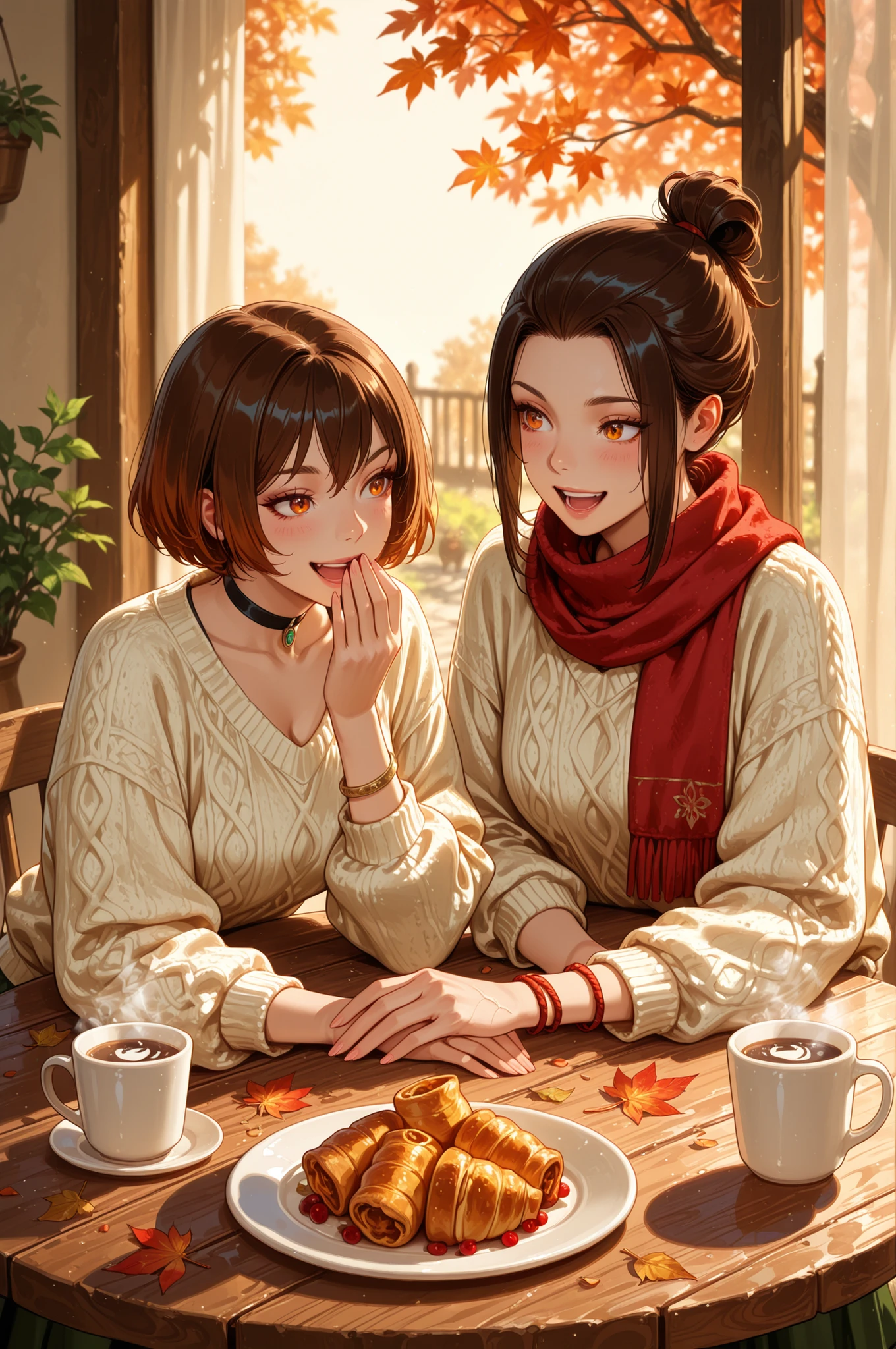  Azula , amber eyes . wavy dark brown hair strands above her shoulders. short hair. small saggy breasts. huge hips. choker. |  Cafe Chit‑Chat: morning scene on a cozy café veranda, two twin sisters seated across a small round table, engaged in hushed yet animated conversation. Both wear comfortable, oversized outfits — knitted sweaters in soft pastel tones and long, flowing skirts in muted earthy hues. Steam rises from two ceramic mugs of freshly brewed coffee; a small plate with croissants and a tiny vase with a single flower sit between them. The table surface shows delicate wood grain and faint water rings from previous cups. Soft morning light filters through sheer curtains, casting gentle shadows and highlighting wisps of hair escaping their casual braids. Scattered autumn leaves (amber, gold, crimson) drift across the wooden deck and gather at the wrought‑iron railings. In the background: blurred café patrons, hanging baskets of greenery, and a distant park with bare branches. Expression details: one sister leaning in with a conspiratorial smile, the other with a hand to her mouth in surprise or laughter. Subtle cues of intimacy — matching bracelets, similar scarves. Color palette: warm beige, cream, soft green, and autumnal accents. Photorealistic style, 8k resolution, detailed textures (knitted fabric, steam, leaf veins, ceramic glaze). Cinematic lighting with soft contrasts and golden morning glow. Professional composition, shallow depth of field focusing on the sisters’ faces and hands. PG‑13 tone (emphasis on friendly rapport and quiet revelations). Best quality, atmosphere of warm intimacy, everyday magic, and sisterly connection.


