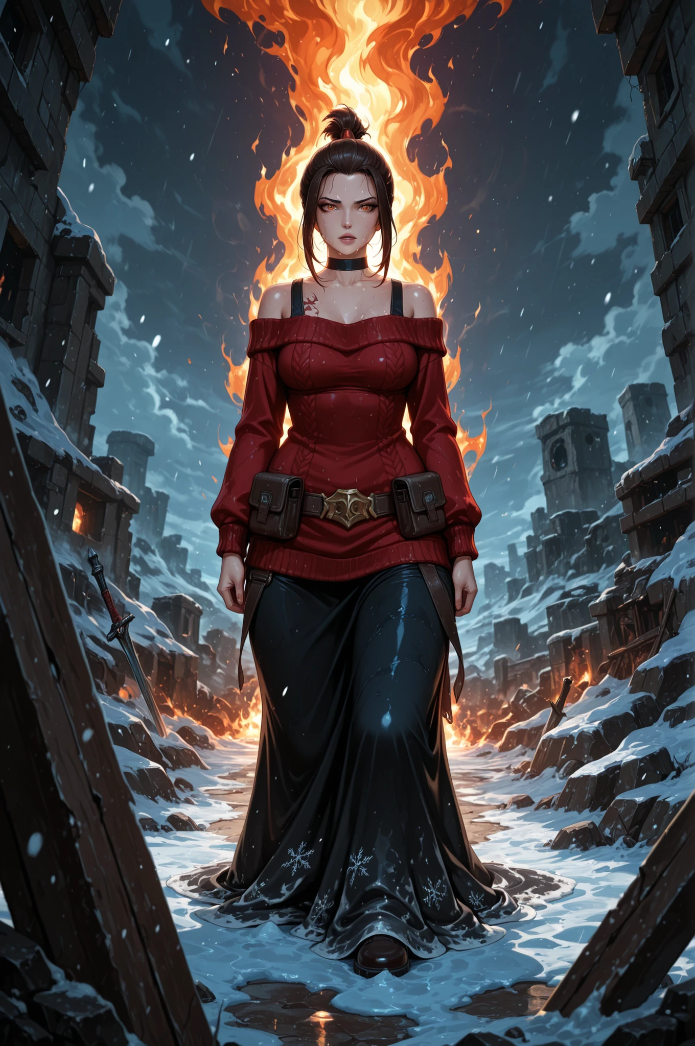  Azula , amber eyes . wavy dark brown hair strands above her shoulders. short hair. small saggy breasts. huge hips. choker. | Environment: snow‑covered rubble, icy debris, and twisted metal scattered around; fresh snowfall softly blankets the ruins, with footprints and drag marks leading to the window. Crumbling concrete walls, exposed rebar, and shattered glass glimmer under the cold blue‑gray light of early evening. A distant smoke plume rises from another ruined structure. Faint radio chatter and wind whistling through broken windows add to the desolate atmosphere.Lighting: soft diffused light from a cloudy winter sky, with a faint orange glow from a hidden source (distant fire or setting sun) casting long shadows. Snowflakes catch the light as they fall.Color palette: icy blues, grays, and whites, accented by the warm tones of the knitted sweater (moss green) and the reds in the tattoos. The пистолет and tactical gear provide subtle metallic highlights.Style: photorealistic, 8k resolution. Detailed textures: wool fibers in the sweater, scratched tactical armor, frost on brick, wet snow clinging to fabric, and individual snowflakes in the air.Composition: medium shot from a low angle, emphasizing the character’s struggle and determination. Focus on the hands, weapon, and facial expression (tense, focused, slightly wind‑burned). Shallow depth of field blurs the snowy background slightly.PG‑13 tone: no explicit violence or blood; emphasis on survival, resilience, and tactical awareness.Atmosphere: quiet intensity, cold solitude, and the will to endure against all odds. Best quality, cinematic framing, storytelling through environment and character detail.
