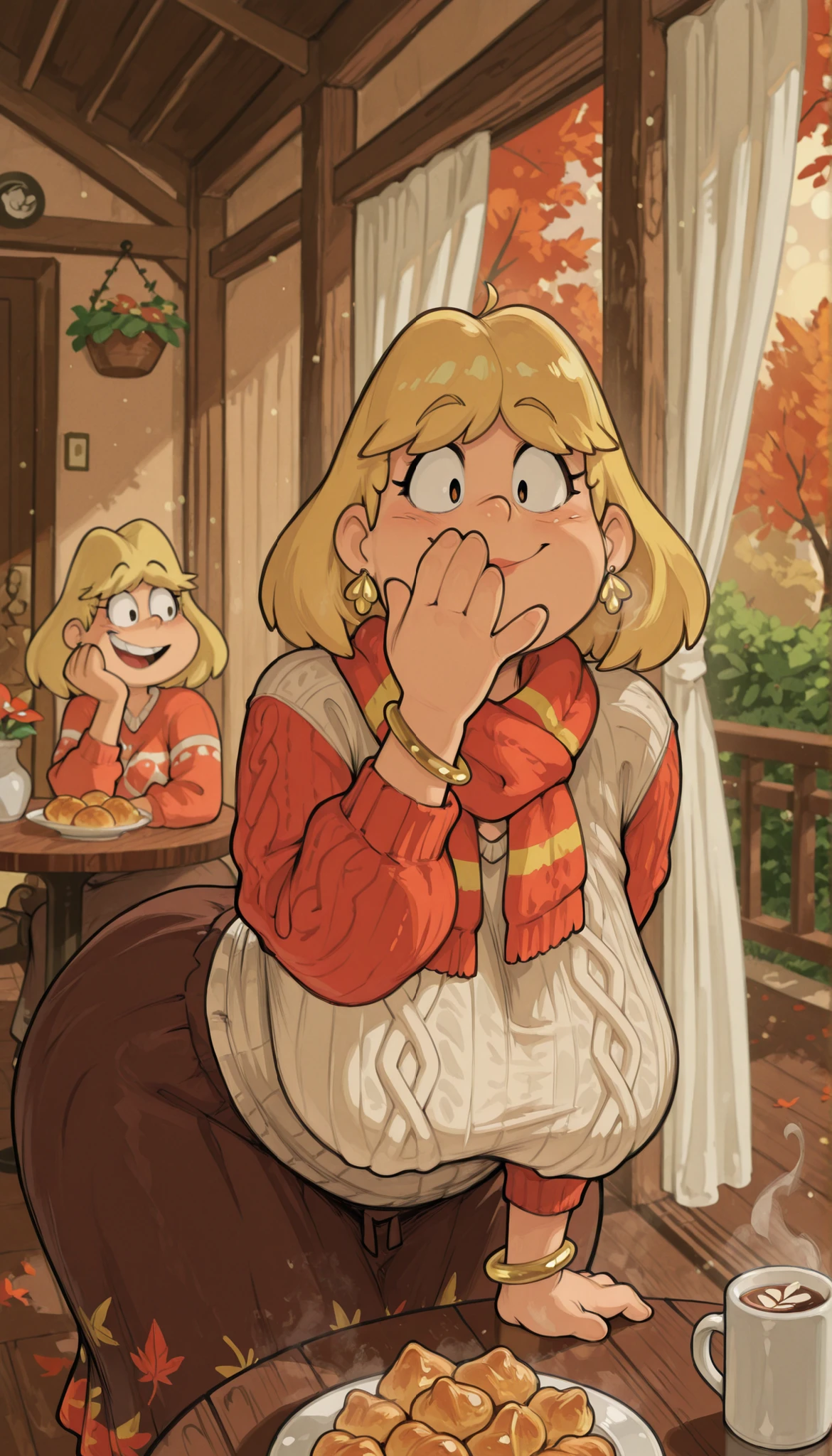 rita loud, mature woman, blonde hair, solo, short hair, medium saggy breasts, gigantic hips. gigantic ass. earrings, fat. | Cafe Chit‑Chat: morning scene on a cozy café veranda, two twin sisters seated across a small round table, engaged in hushed yet animated conversation. Both wear comfortable, oversized outfits — knitted sweaters in soft pastel tones and long, flowing skirts in muted earthy hues. Steam rises from two ceramic mugs of freshly brewed coffee; a small plate with croissants and a tiny vase with a single flower sit between them. The table surface shows delicate wood grain and faint water rings from previous cups. Soft morning light filters through sheer curtains, casting gentle shadows and highlighting wisps of hair escaping their casual braids. Scattered autumn leaves (amber, gold, crimson) drift across the wooden deck and gather at the wrought‑iron railings. In the background: blurred café patrons, hanging baskets of greenery, and a distant park with bare branches. Expression details: one sister leaning in with a conspiratorial smile, the other with a hand to her mouth in surprise or laughter. Subtle cues of intimacy — matching bracelets, similar scarves. Color palette: warm beige, cream, soft green, and autumnal accents. Photorealistic style, 8k resolution, detailed textures (knitted fabric, steam, leaf veins, ceramic glaze). Cinematic lighting with soft contrasts and golden morning glow. Professional composition, shallow depth of field focusing on the sisters’ faces and hands. PG‑13 tone (emphasis on friendly rapport and quiet revelations). Best quality, atmosphere of warm intimacy, everyday magic, and sisterly connection.