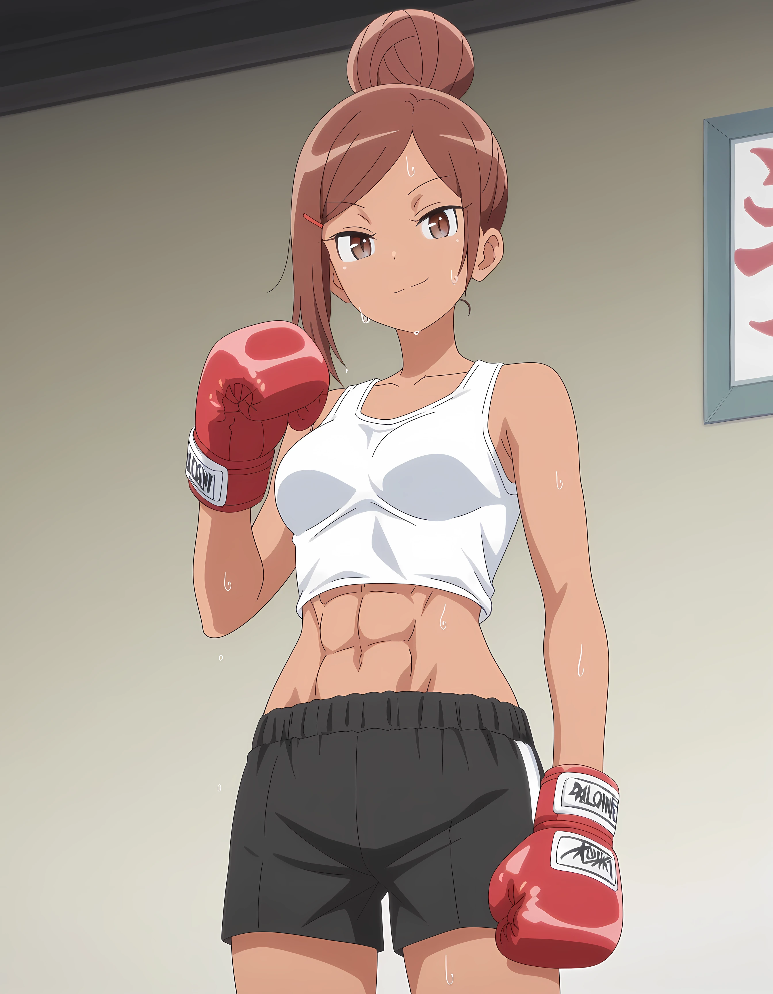 masterpiece, best quality, amazing quality,, Ayaka Uehara, brown hair, hair ornament, brown eyes, hairclip, dark skin, hair bun, dark-skinned female, single hair bun, mature female, , Abs, sweating, anime screencap, shirt, white shirt, shorts, sleeveless, sleeveless shirt, black shorts, tank top,, boxing gloves, gym, depth, cowboy shot, alone, looking at viewer, light smirk