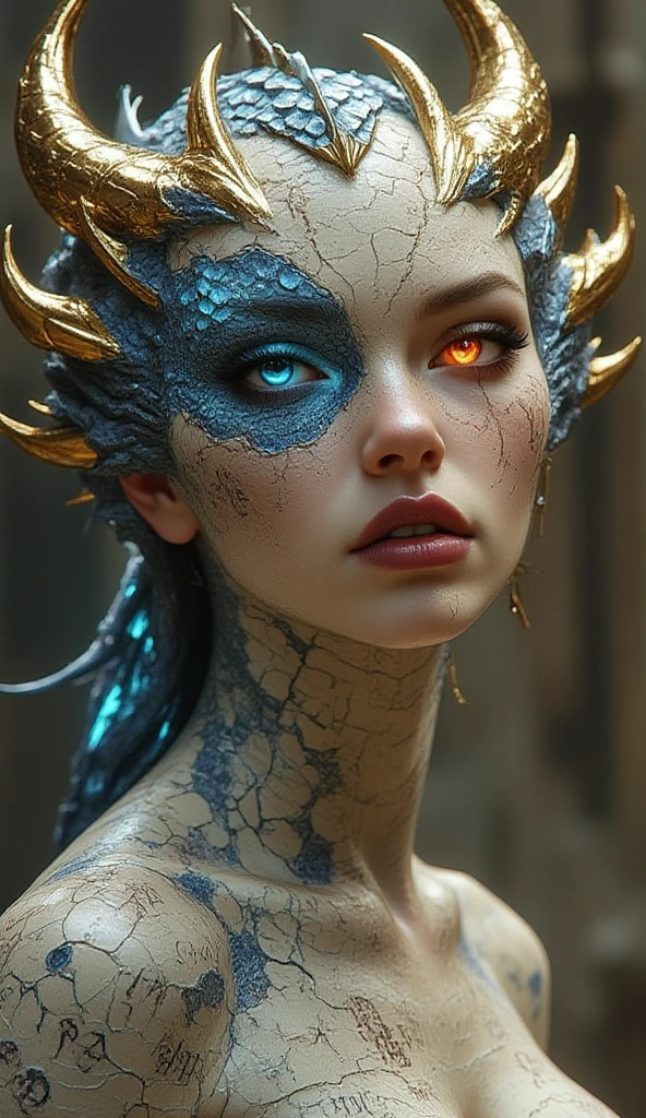 Detailed art in scary and  colors, portrait, (beautiful and  female alien:1.4), (Vulgarity 1.7), (She has red eyes with no pupils:1.8), ( skin:1.7),  (There is a female -like organ in the middle of the forehead.:1.9), (The most beautiful face in the universe:1.2),an evil gaze that seduces, (big mouth:1.1), (Sharp vampire teeth:1.2), full body portrait, (bioluminescence:1.5), (Laugh maliciously:1.3),  ( pose:1.5), alien, there are no humans, cells are fused, (Lots of translucent tentacles:1.3) extraterrestrial, cell, bio image, best quality, 8K,In 4K_quality, High freshness, dramatic lighting, table top:1.5,cinematic quality, Detail up, (exquisite details:1.2), High resolution, High freshness, draw faithfully, (thick eyebrows:1.2), Beautiful eyes with high bilateral symmetry,(highly detailed face and eyes:1.2), intimate face, (Super detailed skin quality feeling:1.4), perfect ,  (Beautiful toned body:1.5),  (Moisturized skin:1.2), not wearing makeup, (Bear:1.1), long canines, drawing cinematic characters, ultra high quality model, cinematic quality, Detail up, (exquisite details:1.2), High resolution, High freshness, draw faithfully, official art, unity 8k wallpaper, best quality, Very High resolution, Super detailed artistic photography, midnight aura,  unreal engine 5, super sharp focus, art by Amano Yoshitaka, art germ, Reusch, intricate artwork, best quality, masterpiece, ultra High resolution, (realistic pictures:1.4), ultra realistic realism, dream-like, nautilus, fantasy creation, snails, Dream snails, (biopunk nautilus:1.3),thrilling color scheme, ultra realistic realism, smile seductively, blue tentacles, amazing mutation, well-proportioned body, goddess of the deep sea