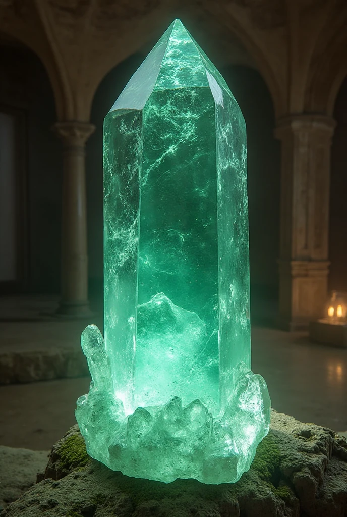 A large crystalline green quartz crystal carved in a prismatic shape with seven perfect faces, is located in the center of a palace hanging from the ceiling, Where it receives all the light. It has to be seen hanging on the ceiling of the palace. 