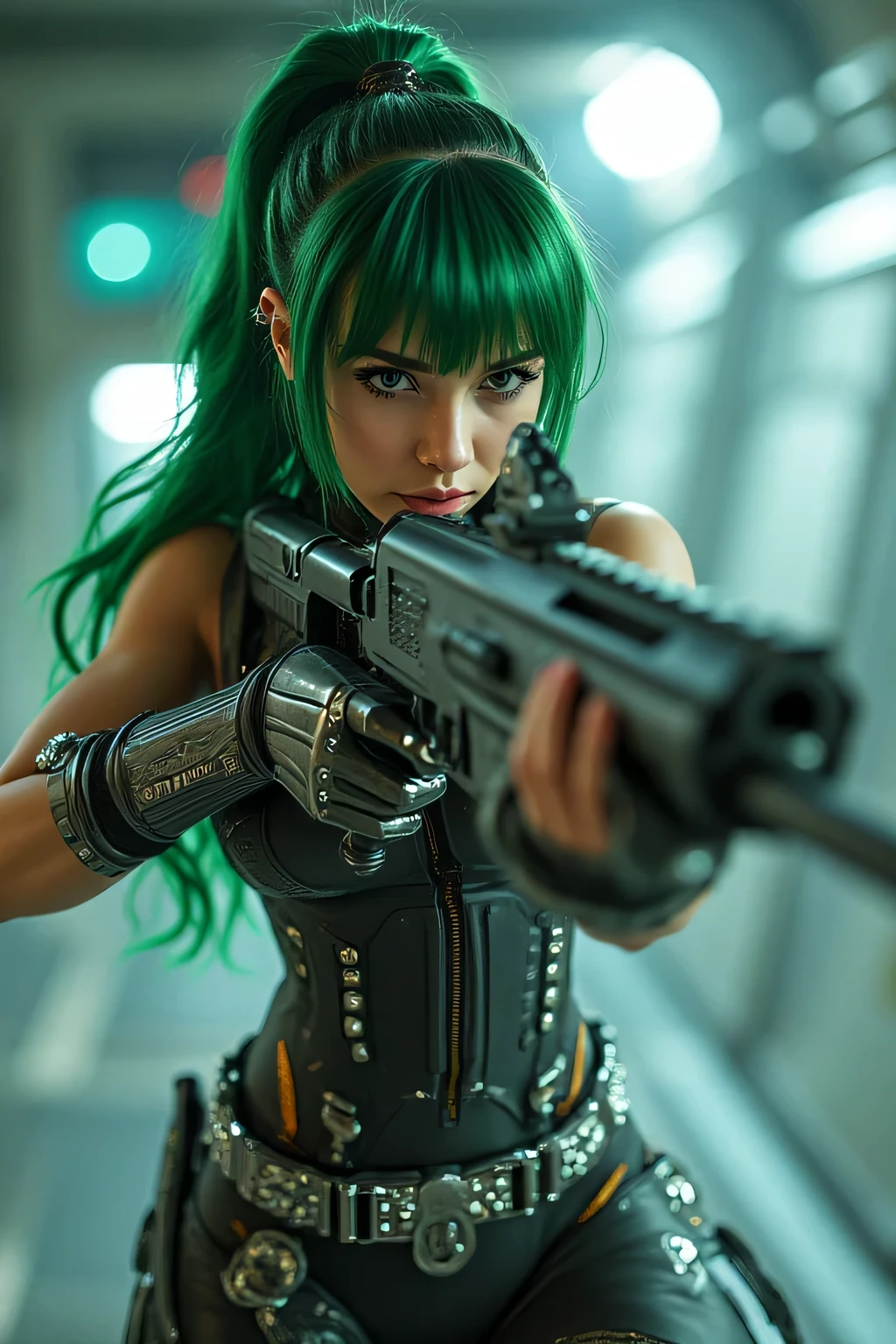 Realistic, Beautiful girl, aiming a futuristic rifle, Muscular toned body, full wavy hair, Green Hair, pony tail, bangs, (futuristic body armor), steel and leather armor, face paint, jewels adorned on her body, on a futuristic space station, dramatic pose, 4K, masterpiece, extreme detail, Realistic, Physically-Based Rendering, Professional , sharp focus, vivid color, Bokeh effect, realistic rifle hold, (entire body visible:1.3), (head-to-toe:1.5), sfw, 