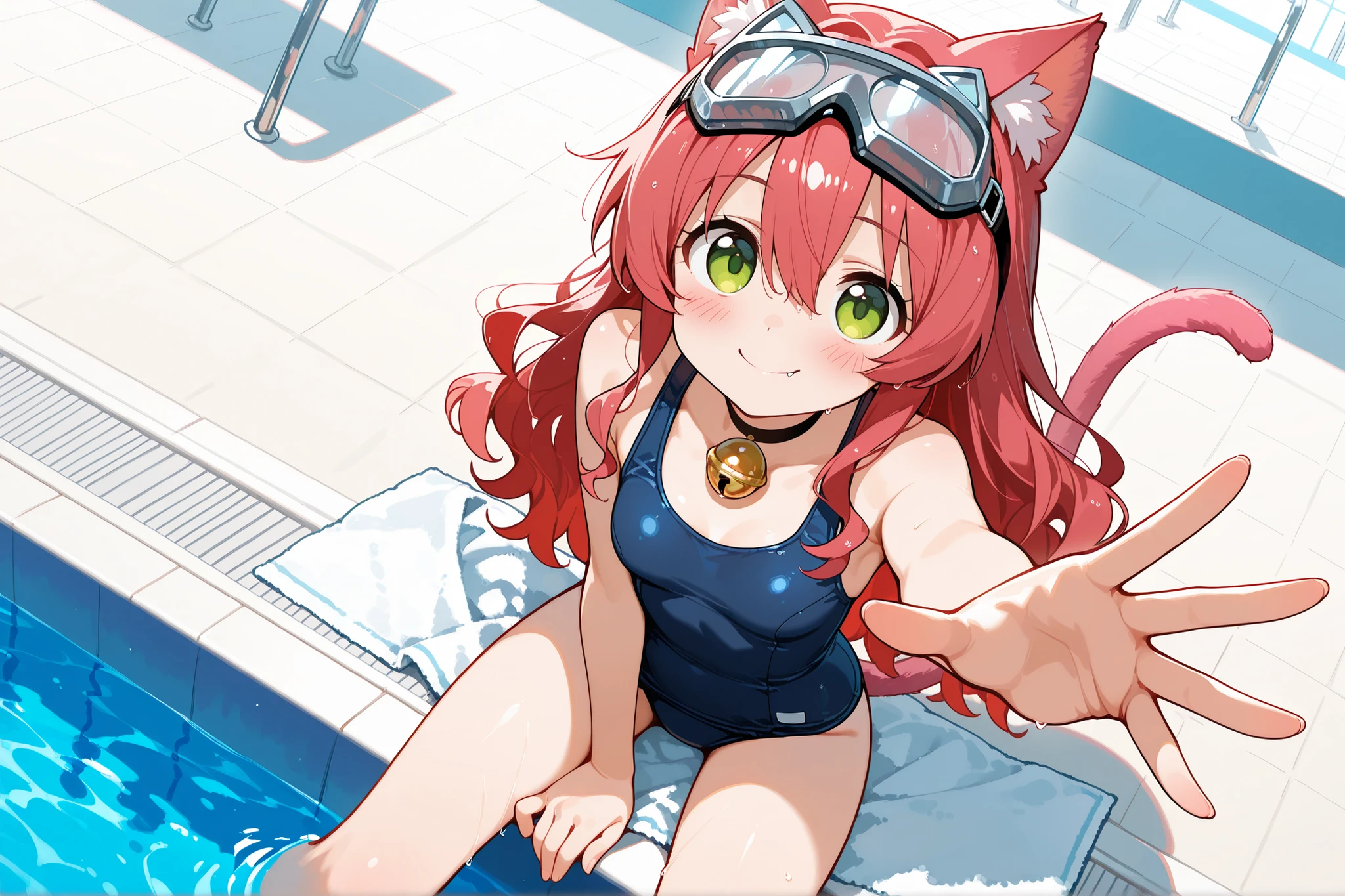 NSFW, 1girl, solo, character focus, close to viewer, cowboy shot, from above, dutch angle, dynamic angle, indoor, waterpark, ((poolside)), sitting, wariza, arms between legs, dark blue school swimsuit, ((towel)), choker, Western golden bell, futuristic goggles on head, silver goggles resting on head, blush, happy smile, closed mouth, red-pink cat ears, red-pink long cat tail, slender build, red-pink hair, long hair, wavy hair, hair reaching mid-back, bangs between eyes, green eyes, tareme, energetic expression, small breasts, fang, lively and curious personality, childlike innocence, soft lighting, high detail, anime style, {animated painting}, {{{{{five hand fingers}}}}}, {{{{{4fingers and 1thumbs}}}}}, {{{high resolution}}}, {{{best quality}}}, {{ultra-detailed}}, {illustration}, {{an extremely delicate and beautiful}},
