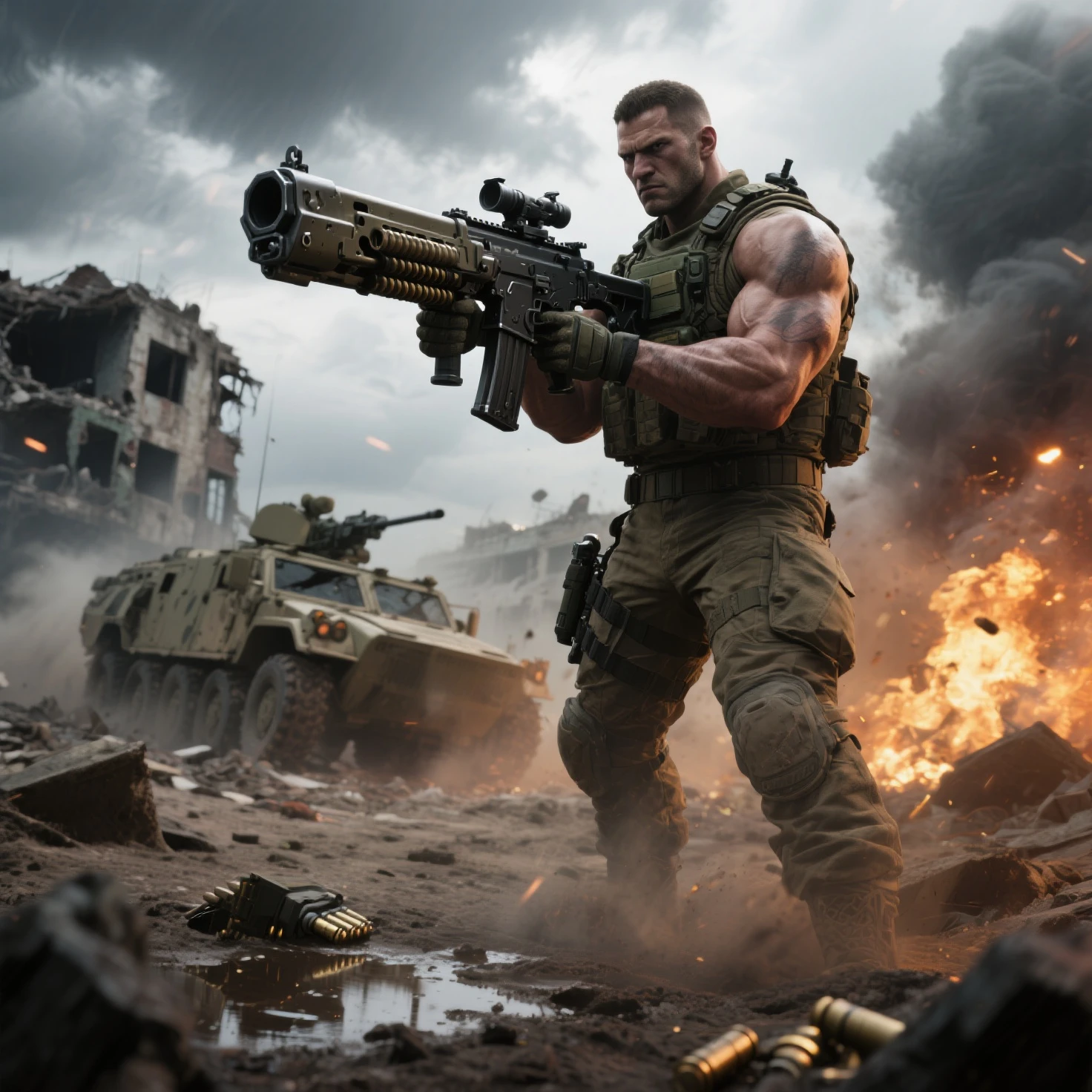 ((1boy)), male only, camouflage tank top, dropped down camouflage pants, mature, stubble, muscular, detailed face, best quality, depth of field, sitting down on ground, battle field, smoke, battle fire, side view, scar, blood,  position, look at the viewer, at night, natural lights, detailed, masterpiece, detailed background, composition, farshot, full body view, atmosphere,