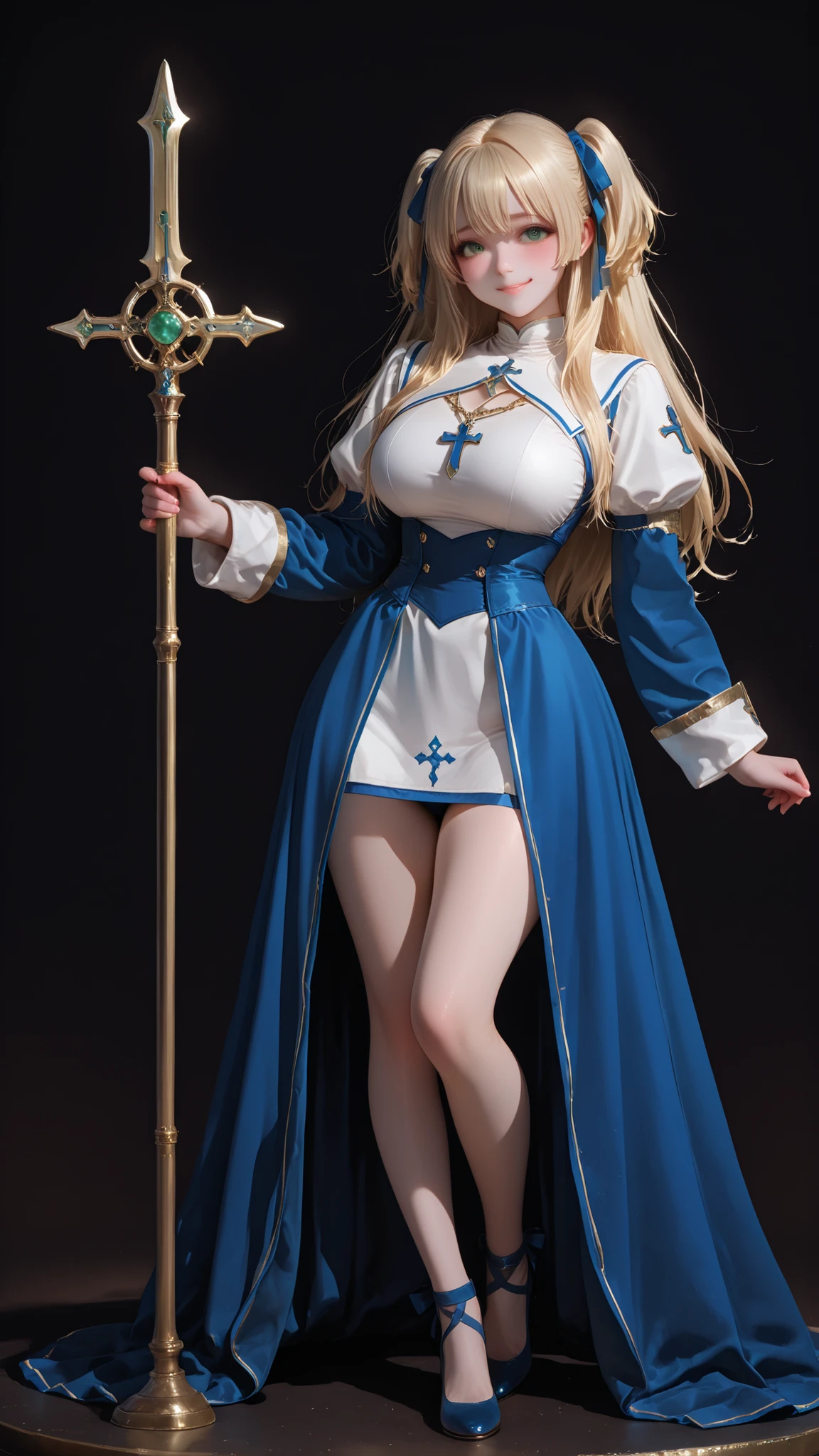 (dark background:1.4),),style_name,(detailsな顔,detailsな本文,detailsな目:1.1), Blonde,long hair, big breasts,(short girl,Short Height:1.4),(curved behind one hand:1.2),(High Resolution),(details), (8k),(two side up),(green eyes),,fantasy,Priestess,Priestessの服,idol,(cute:1.4),sexy,ribbon, blue ribbon,(full body),Shy,smile,standing