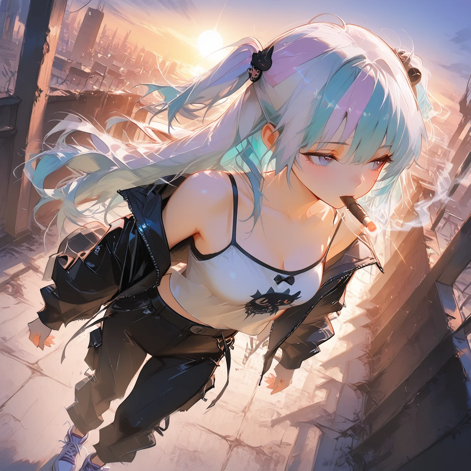 最high quality、Best image quality、masterpiece、girl((20-year-old、 By becoming、Best 、,Wide open  tea、blue eyes and white hair 、Disheveled Hair、Long Hair、thin,The highest valley、White overshirt、Open 、White wristband、smile、Leaning forward、hair ornaments、Side angle、Lointail、Looking at smartphone)),high quality、Beautiful art、background((Modern train、Window、Light of the sun))、Flight、Flying debris、Written boundary depth、movie、Visual Arts、Perfect art、8K,Genuine、