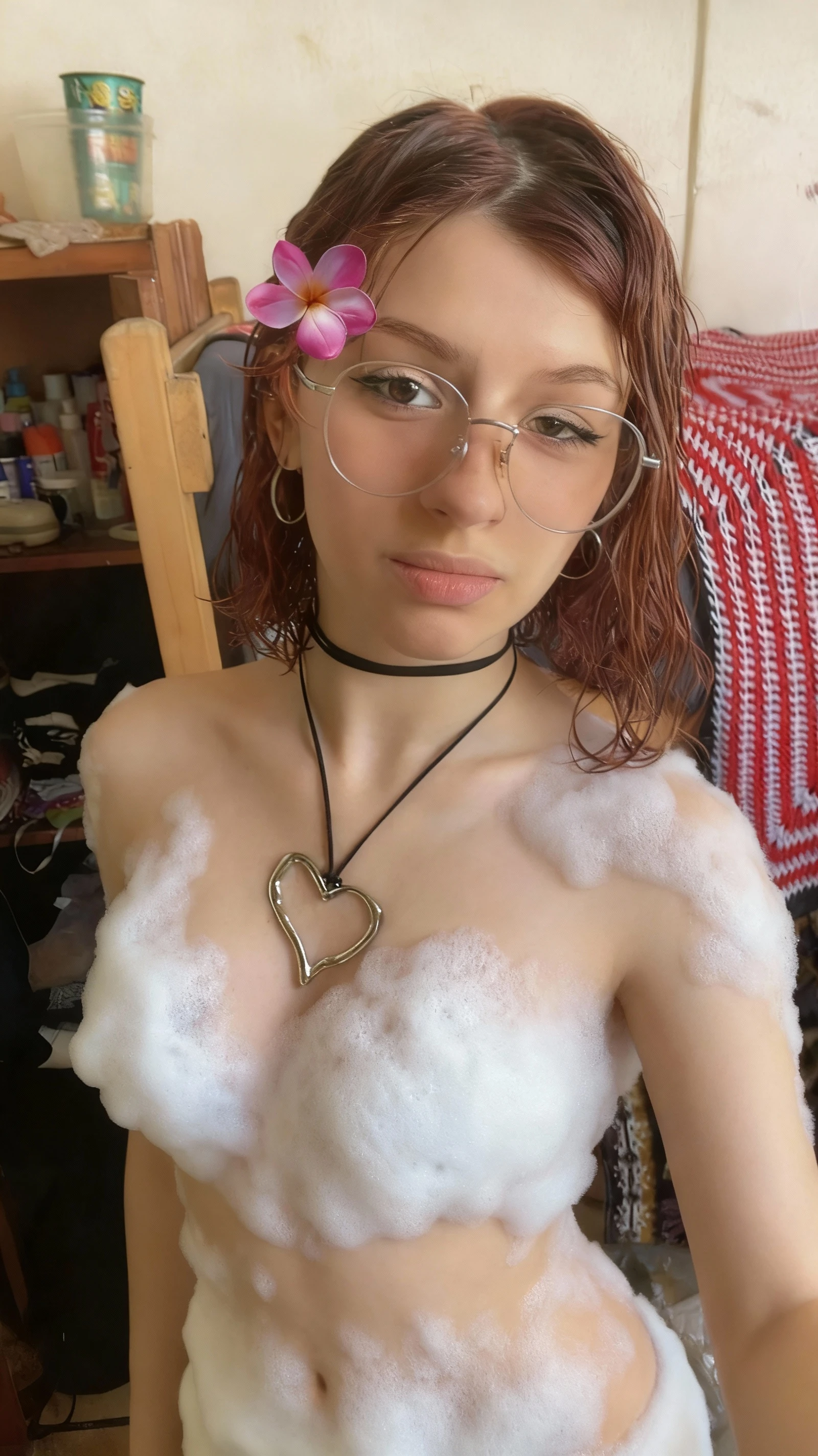 ((HumanIceCreamSundaeV1)), (), ice cream on her , (((dark patterned abstract background))), (SoraSleepAI, circle), ((upper body close up,  close up)), detailed, colorful, tan skin, freckles, 20 years old, mascara, looking at viewer, pale skin, freckles, alt girl, colorful hair, piercings, (background blur, learning forward, sagging , smile)