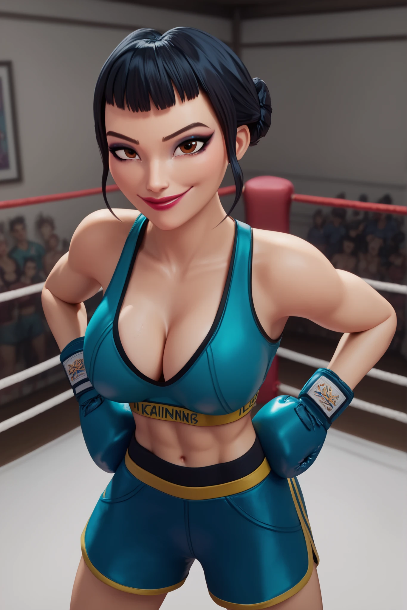 BREAK, score_6_up, score_7_up, score_8_up, score_9, 1girl, solo, kpdh_z0ey, black hair, short hair, hair bun, brown eyes, blunt bangs, lipstick, makeup, official KPop Demon Hunters aesthetic, large breasts, busty, cleavage, curvy, athletic, looking at viewer, seducing viewer, teasing viewer, seductive expression, smiling, closed mouth, bedroom eyes, blue sports bra, dark blue boxing shorts with yellow trim, blue boxing gloves, midriff, indoors, boxing ring, standing, hands on waist, closeup, portrait, upper body, high-angle view, blue eyeshadow, black mascara