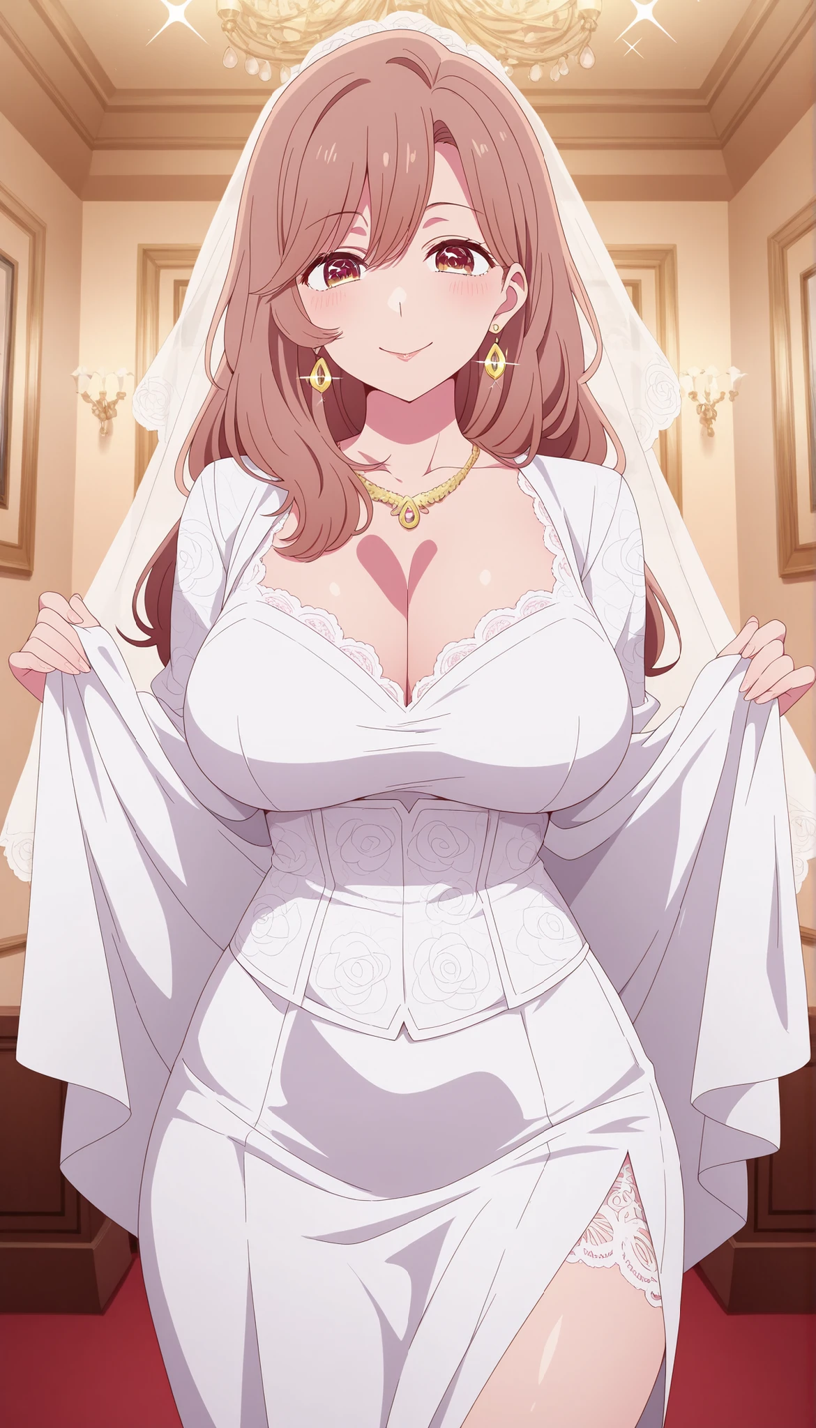 masterpiece, professional photoshoot, (Alone) SAITO Miyako EXACT, long brown hair required do not change, thoughtful brown eyes , (mature woman:1.2), Shining Jewels (Elegant Earrings, Delicate neck ), ((Miyako's characteristic sparkling smile)), Enchanting Smile, Expose your thighs ((floral lace Germany)). a tight corset emphasizes your curvature, pose to put on clothes, elegant room background.(big boobs)、Elegant gold necklace、white wedding veil、white lace