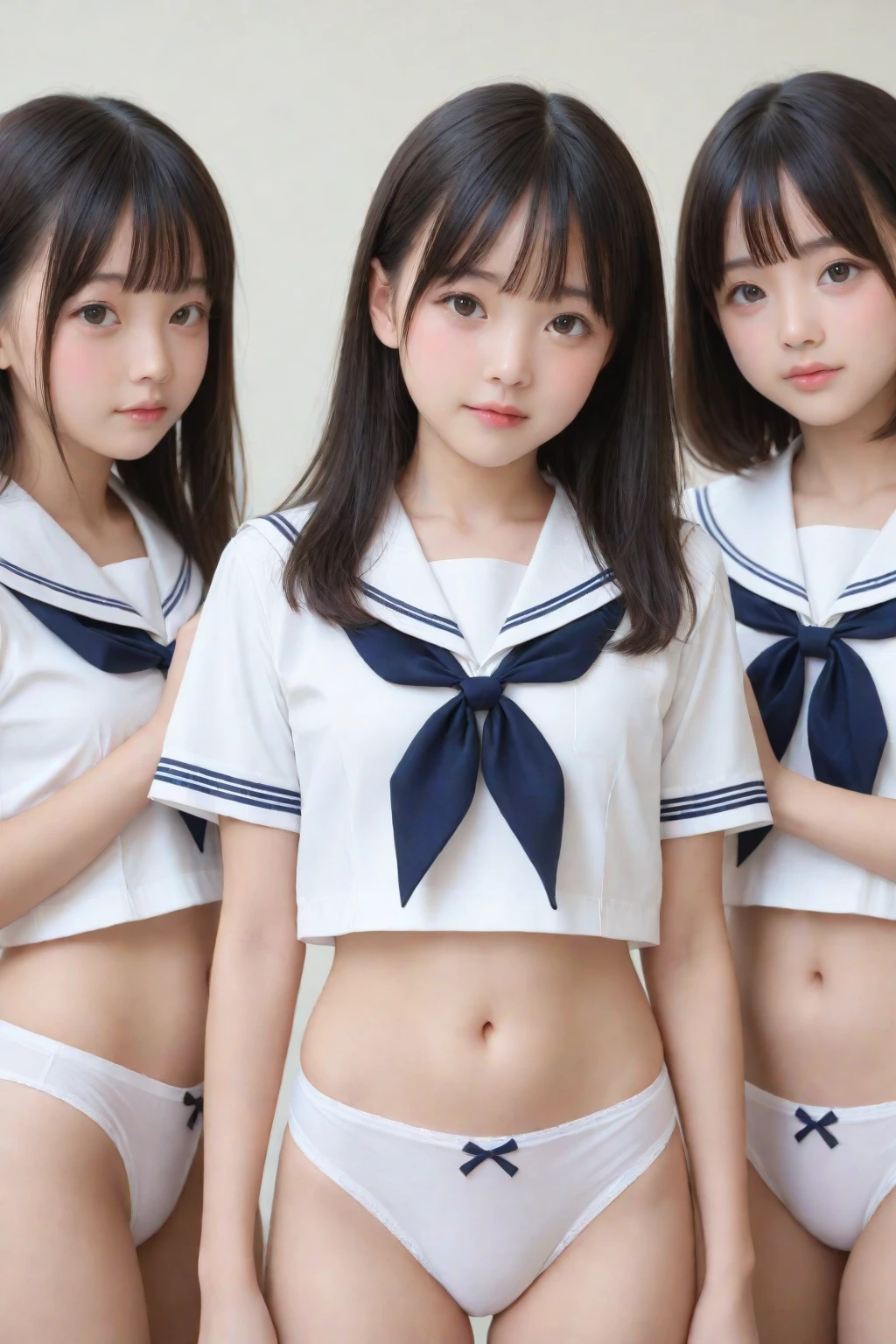 Three very young girls in bed,Mr.々Sailor Suit,18-year-old,bangs,a little smile,thighs,knees,Each with a different hairstyle,from below,front light、spread your legs、Nipples in full view、erotic smile、Soaking wet whole body、water drips、having sex、live-action、photograph、Mr.々Counterpoint