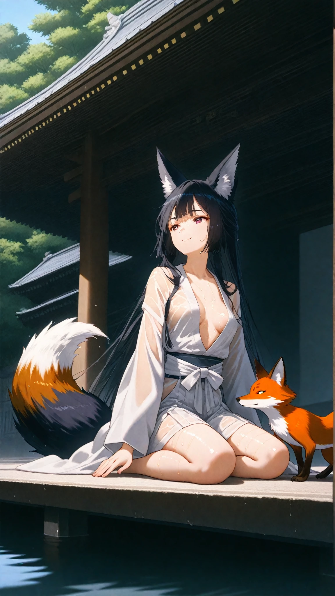 Film movie still, realistic, 14years, (A detailed face), (Detailed skin), The details are complex, Shallow depth of field, [volume fog], movie lighting, Reflectors, a Canon EOS R5, 50mm lens, f / 2.8, SFW, shot at 8k resolution, masterpiece, high quality, highres, ah3, hinata_hyuuga,  mark, long hair, blue hair, white eyes, no pupils, (((blue multiple tails, blue fox ninetails, blue fox ears))), magical girl, full body, , slim body, large breasts, , bracelet, necklace, hair clip, sexy pose, smile, standing, magic forest, night, cowboy shot