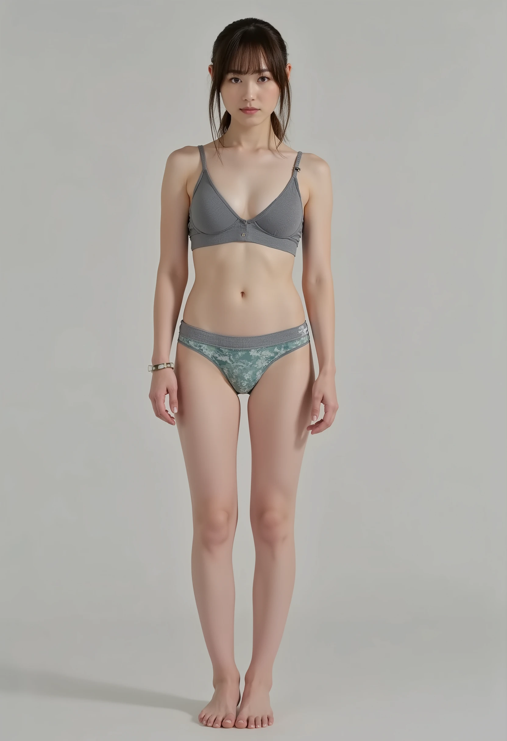 fukuhara haruka,(Raw Picture real:1.6) live-action, Picture , top quality,serious expression, , muscular body, ((( delicate figure))), (((thin waist with healthy portrayals))),(small breasts), focus on women,, ((Full body view )), (((I'm wearing a gray thin fabric bra and panties with a sporty print design)))、((boxer shorts))