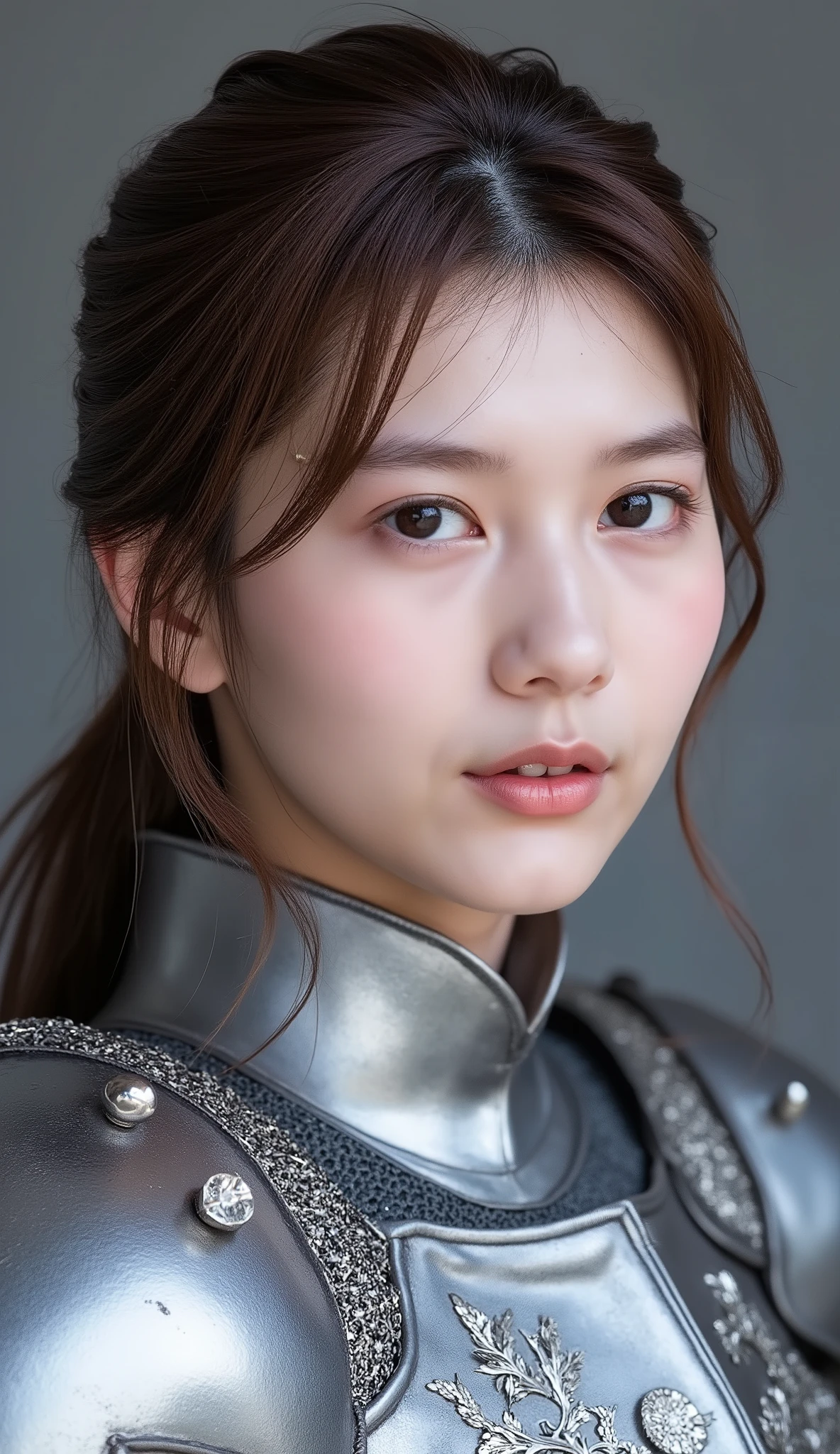 neat young woman wearing luxurious silver armor、、female knight、Passport photo of a、、ear piercings、looking at camera、looking directly in front、No expression、is closing his mouth、face close-up、grey background、
