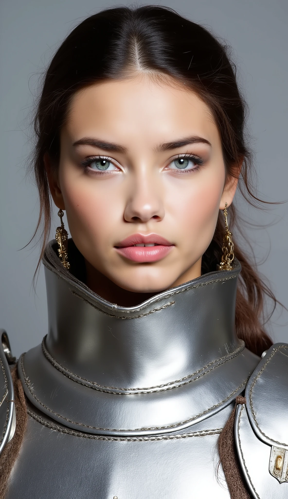 neat young woman wearing luxurious silver armor、、female knight、Passport photo of a、、ear piercings、looking at camera、looking directly in front、No expression、is closing his mouth、face close-up、grey background、