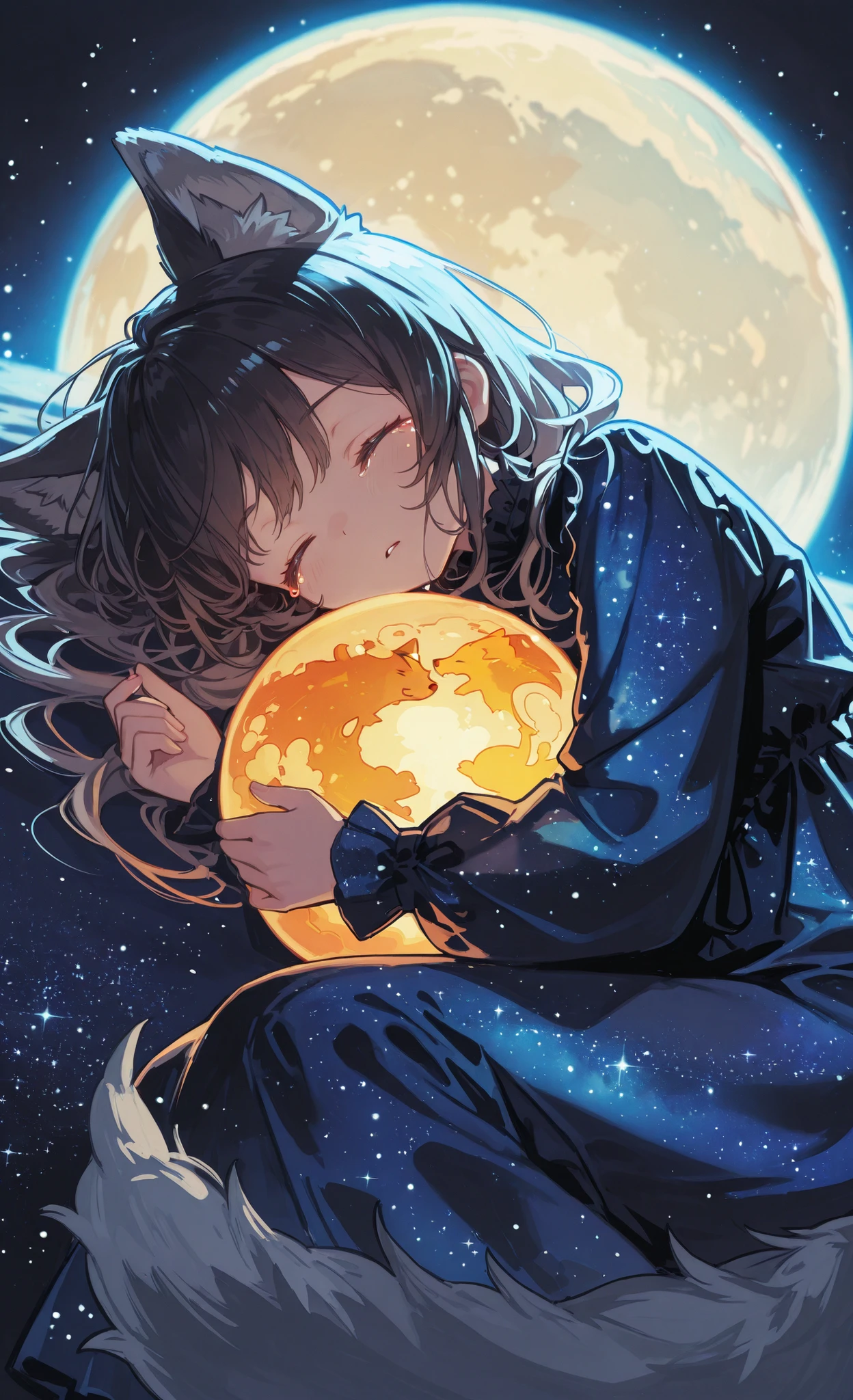 A woman is sleeping while holding a glowing full moon patterned ball attached to her belly, wearing a translucent dress with a galaxy pattern, Curls, eyes closed. . She has the ears and tail of a cute wolf.. , gently floating red tears with a ripple-like effect.. The background is a simple black space with a soft star, , no moon, added. A silent woman, dream-like atmosphere. ray reflection,Cheddar ,HDR