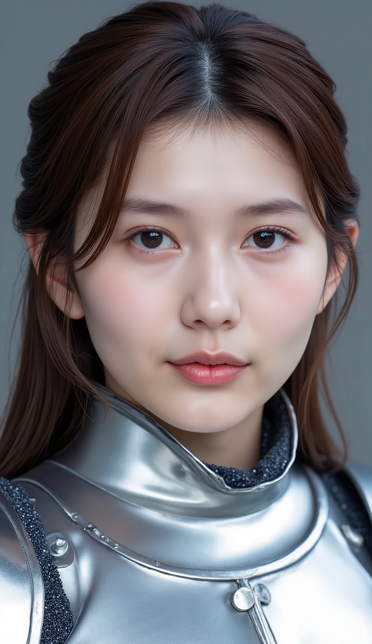 neat young woman wearing luxurious silver armor、、female knight、Passport photo of a、、ear piercings、looking at camera、looking directly in front、No expression、is closing his mouth、face close-up、grey background、