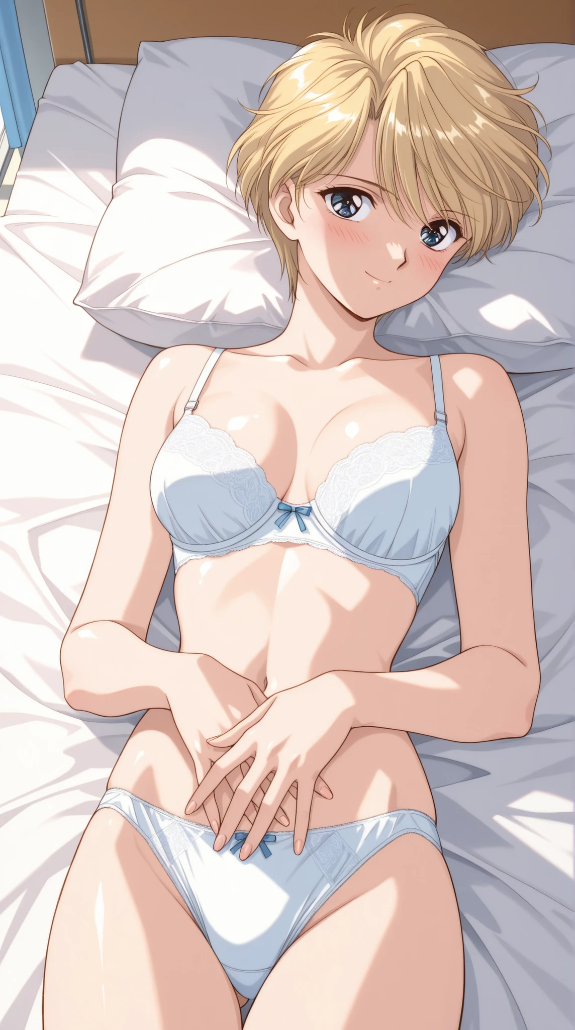 score_9, score_8_up , score_7_up , score_6_up , score_5_up , score_4_up ,Clip skip:2,,(1990s_\(style\):0.8),(retro_artstyle:0.8),(masterpiece:1.3),NSFW,solo,on bed,(small head),(on back:1.4),24歳, mature female,(extremely detailed CG unity 8k wallpaper),top quality , amazing quality, high resolution, Absurd, very aesthetic, high resolution, (ultra detail), perfect detail,(extremely detailed CG,highres icon,absurdres,4K),cowboy shot, best quality, source_anime,official art,perfect_anatomy,slender ,slender waist,yui hongo,1girl,blue eyes,blonde hair,short hair,very short hair,,white bra,,looking_at_viewer,smile,day,classroom,美しい太腿,,blush,white panties,,(hand between legs:0.7),