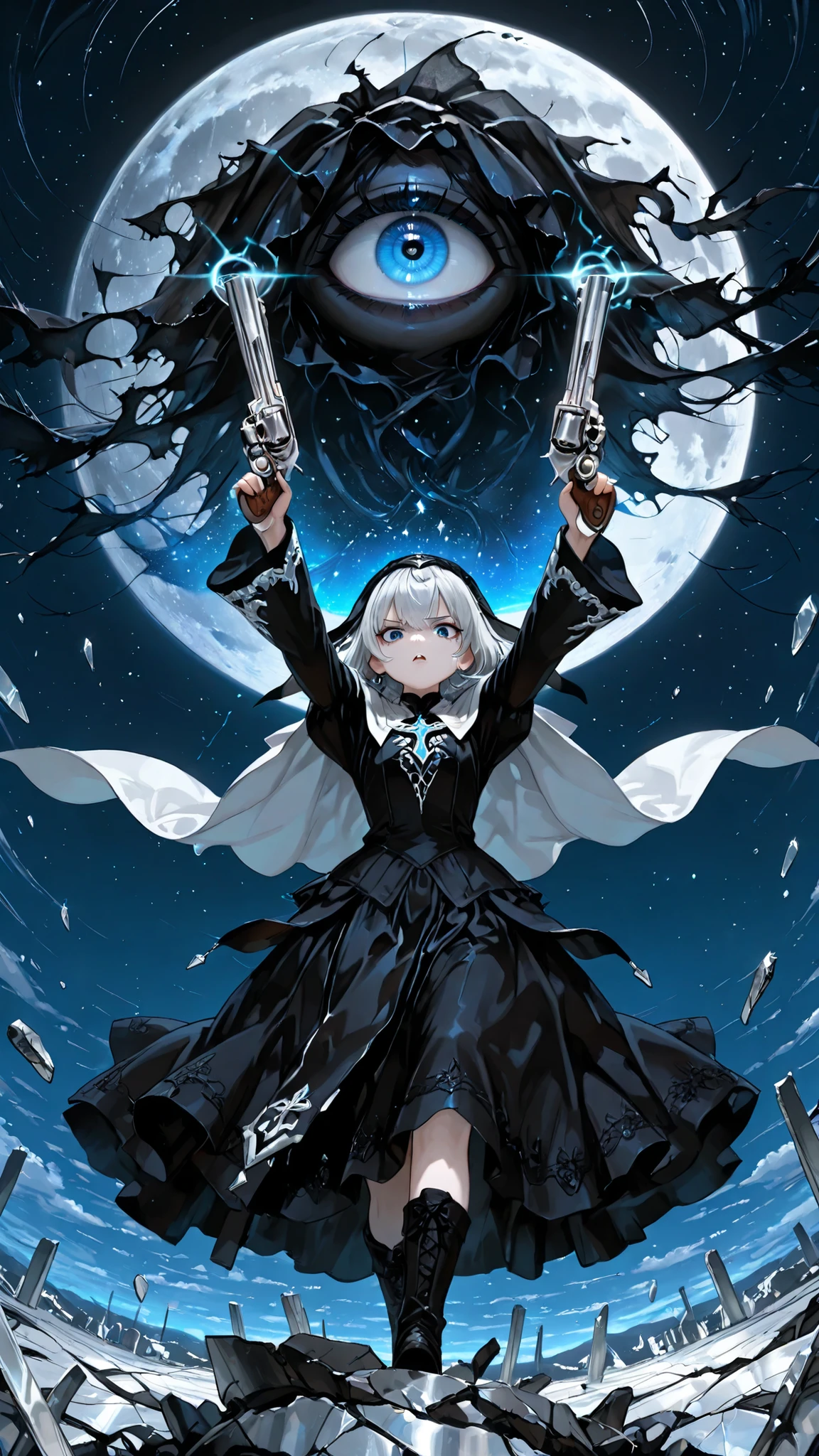 (masterpiece, best quality, ultra detailed), (anime style illustration:1.2),
1girl, solo, Anthem,
(platinum silver hair:1.2), (glowing cyan blue eyes:1.2), fierce expression, shouting, tears,
(wearing Orthodox Holy Fire Combat Ceremonial Garb), black veil, white cape fluttering wildly, black gothic dress,
(aiming large silver revolver upwards:1.5), (arms raised to sky), (holding gun with both hands), (locking on target),
(cyan magical energy gathering at the gun barrel:1.3), (small particles of light), (no beam),
(giant ominous moon with a huge eye in the center:1.4), (giant eyeball in the sky:1.3), looking down,
(shattering sky:1.4), (broken glass effect in the sky), cracks in the dimension, falling glass shards,
monochrome world, high contrast,
(from below:1.5), extreme low angle, dynamic perspective, dramatic lighting.