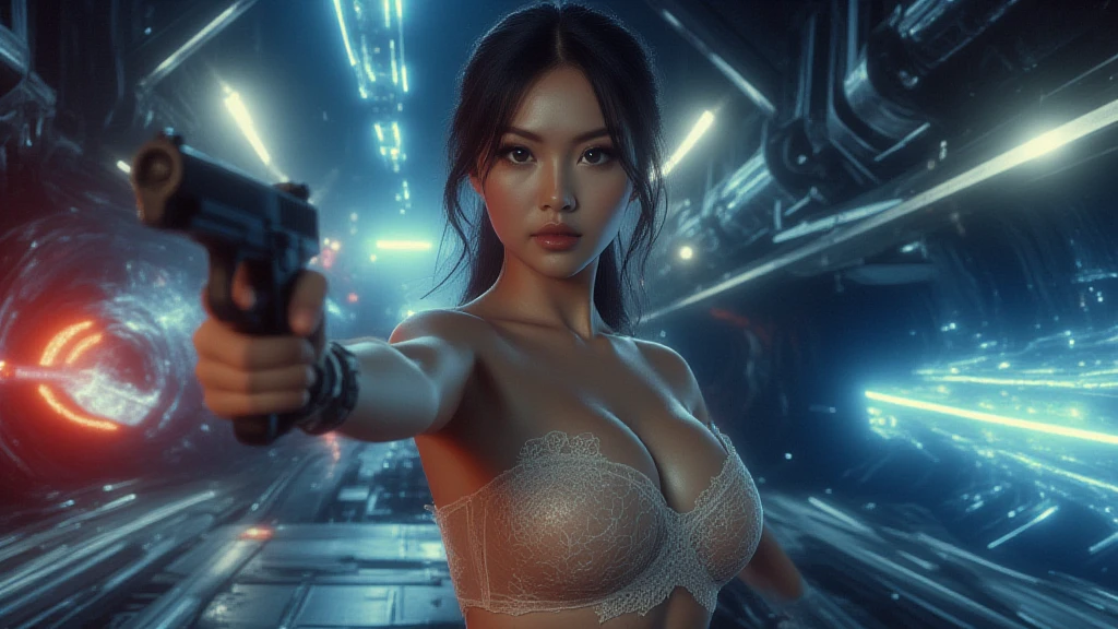 original photo, (best quality:1.3), high resolution, (masterpiece), (lifelike:1.4), Professional photography, Be focused, High Dynamic Range, 8k resolution, Intricate details, Fine details, Depth of Field, Extremely detailed CG unified 8k wallpaper, masterpiece，poster，best quality，Official Art，（Beauty and aesthetics：1.2），（masterpiece：1.3），woman，Single breast，Complex Mode，winter，Cyberpunk style city，semi-body photography，