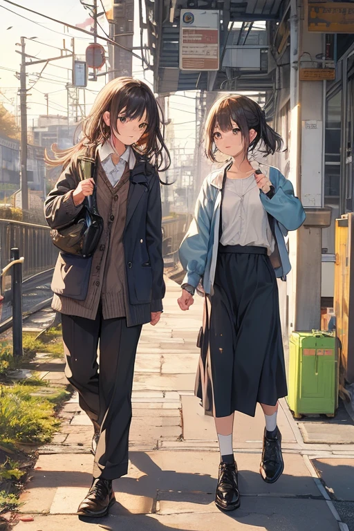 two female teenagers walk down the street with only a small sign in their hand, ground vehicle, multiple girls, car, motor vehicle, 2girls, socks, black hair, bag, sleeves past wrists, cardigan, , shoes