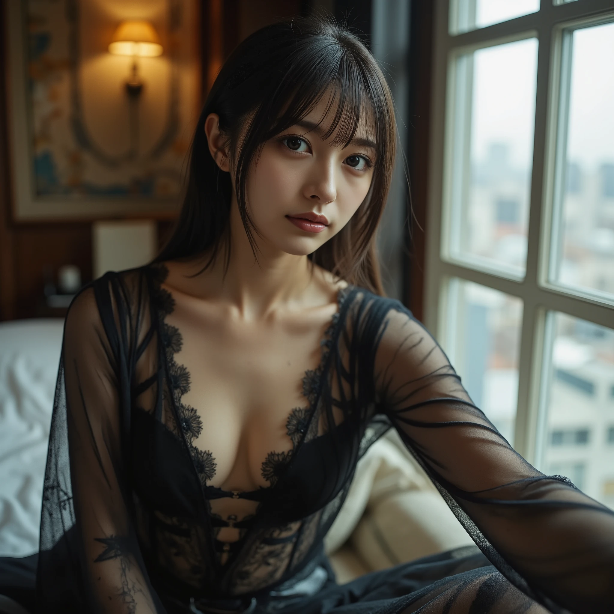 (Photoreal Stick:1.5, masutepiece:1.5, 8K), (top-quality, ​masterpiece, 超A high resolution), Perfect dynamic composition, Professional camera work:1.4, Highly detailed skin and  texture:1.3, Mystical portrait:1.3, Grow Light Effect, The ultra-detailliert, 1girl in, ((Night view from inside the building, Pitch black room:0.9, The moonlight at night shines through the glass)), (light golden nightgown), Model body type, Clear face, (Beautiful and  eyes:0.9, Enraptured look:1.0, i love you completely:0.8, A mouthfeel that feels beautiful eros:0.7), (Wet dark brown medium hair), candles, the chest is medium, a necklace, (Leaning against the window, Sit up), ((seductiv, Functional))