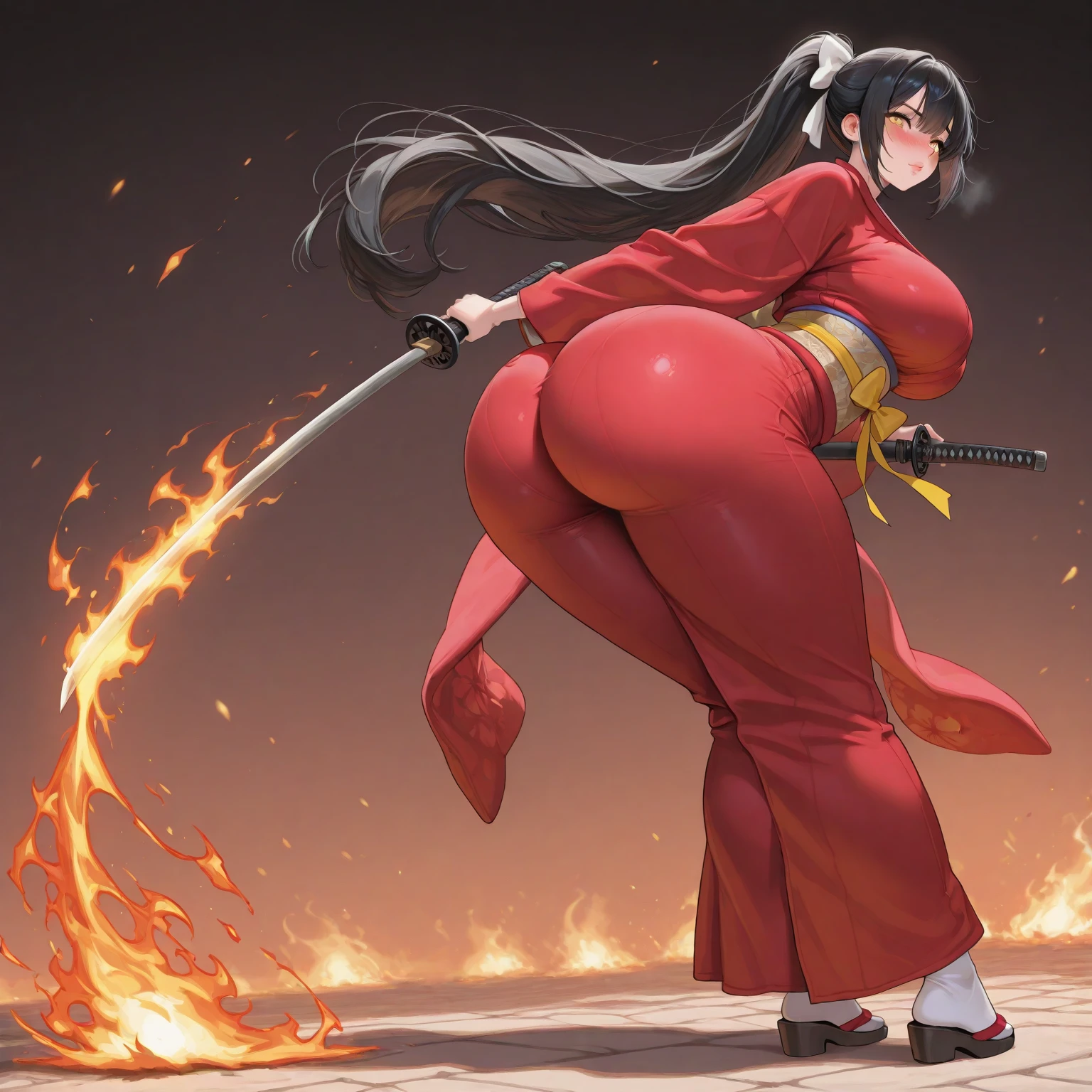 1girl, solo, taokakams, hood, animal hood, cat hood, red eyes, hoodie, tail,cat tail, smile, grin, teeth, claws, thighs, dark skin, dark-skinned female, huge breasts, Yoko_Cosplay,(heavenly thighs),,((,onara)), embarrassed,farts,gassy,bloated,belly,butt,(sweaty),,back view,
