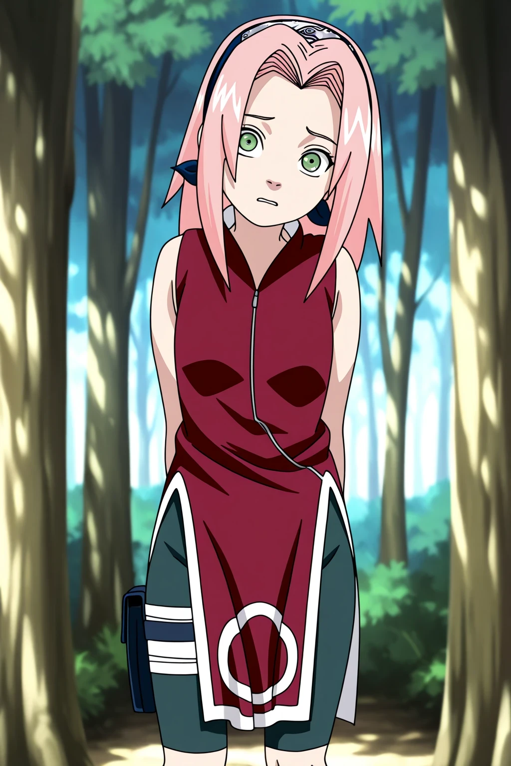 1girl. sakura haruno, pink hair, standing with your back in a suggestive pose, He wears a sporty outfit, Sleeveless composition fitted in Qimao red, with openings on the sides, over dark green leggings or tight dark green shorts. His expression is mischievous and playful. Leans to the left. Sakura is depicted in a sexually suggestive pose, Leans to the left y hacia abajo, showing her butt and part of her torso, well-shaped butt. scene: A serene, sun-dappled forest clearing.
movement: A slow, subtle body sway, with a slight head tilt.
Aesthetic control: medium shot, soft natural light, shallow depth of field.
stylization: anime aesthetic, high-quality render.