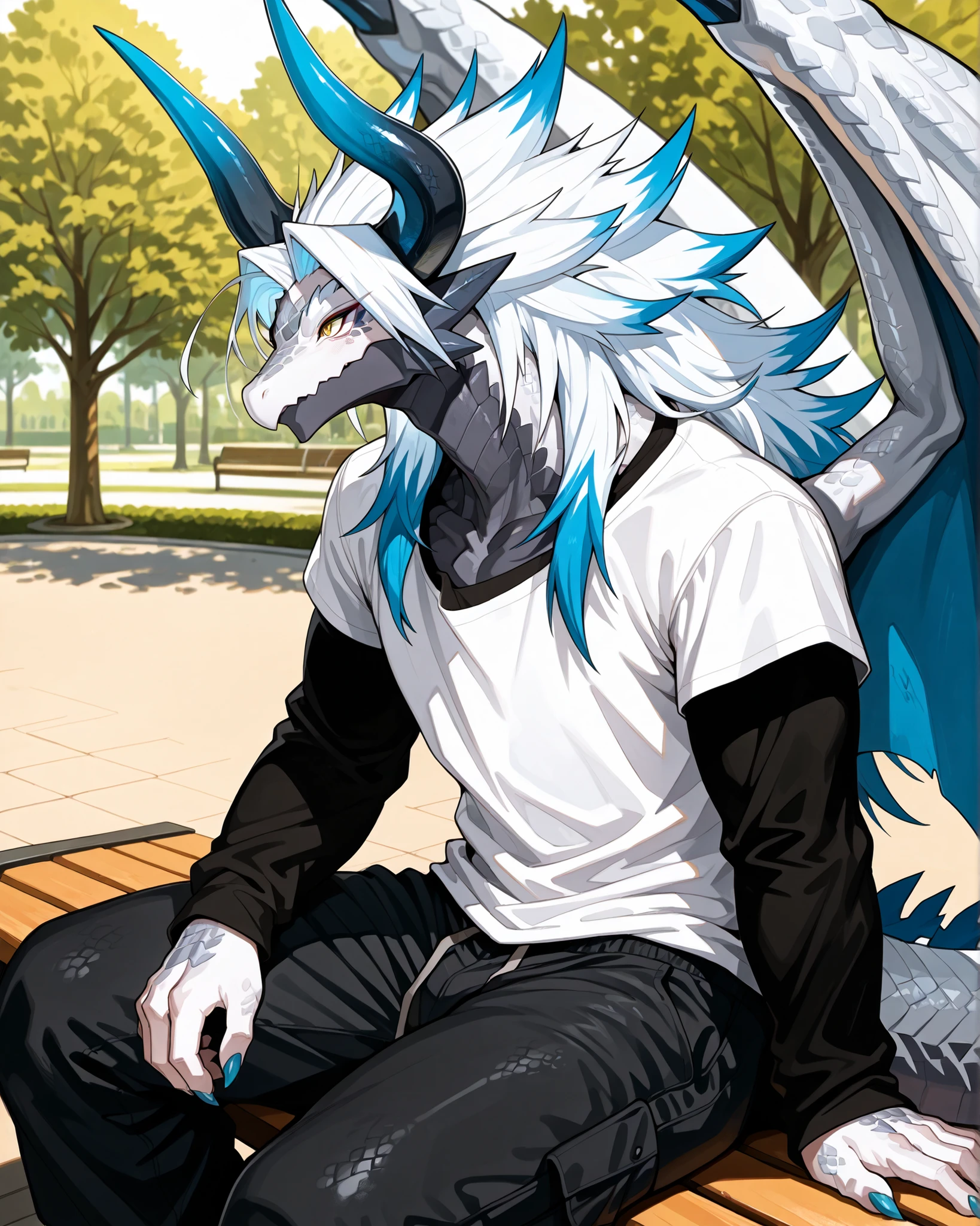 best quality,4g1typ3,Batzz,,Dragon, solo, male focus, white body, blue tails, muscular, white hair with blue tips, Maine, long hair, tailed hair, long face, horns, blue nail, Dragon boy, tail, big wings, detailed eyes, yellow eyes, eye shadow, eyeliner, makeup, dragon boy, scaly, scales, white face, horns back, voluptuous, in the park, park background, black loose-fitting long-sleeved t-shirt, double-layer t-shirt, black loose pants, sitting on the bench, side view