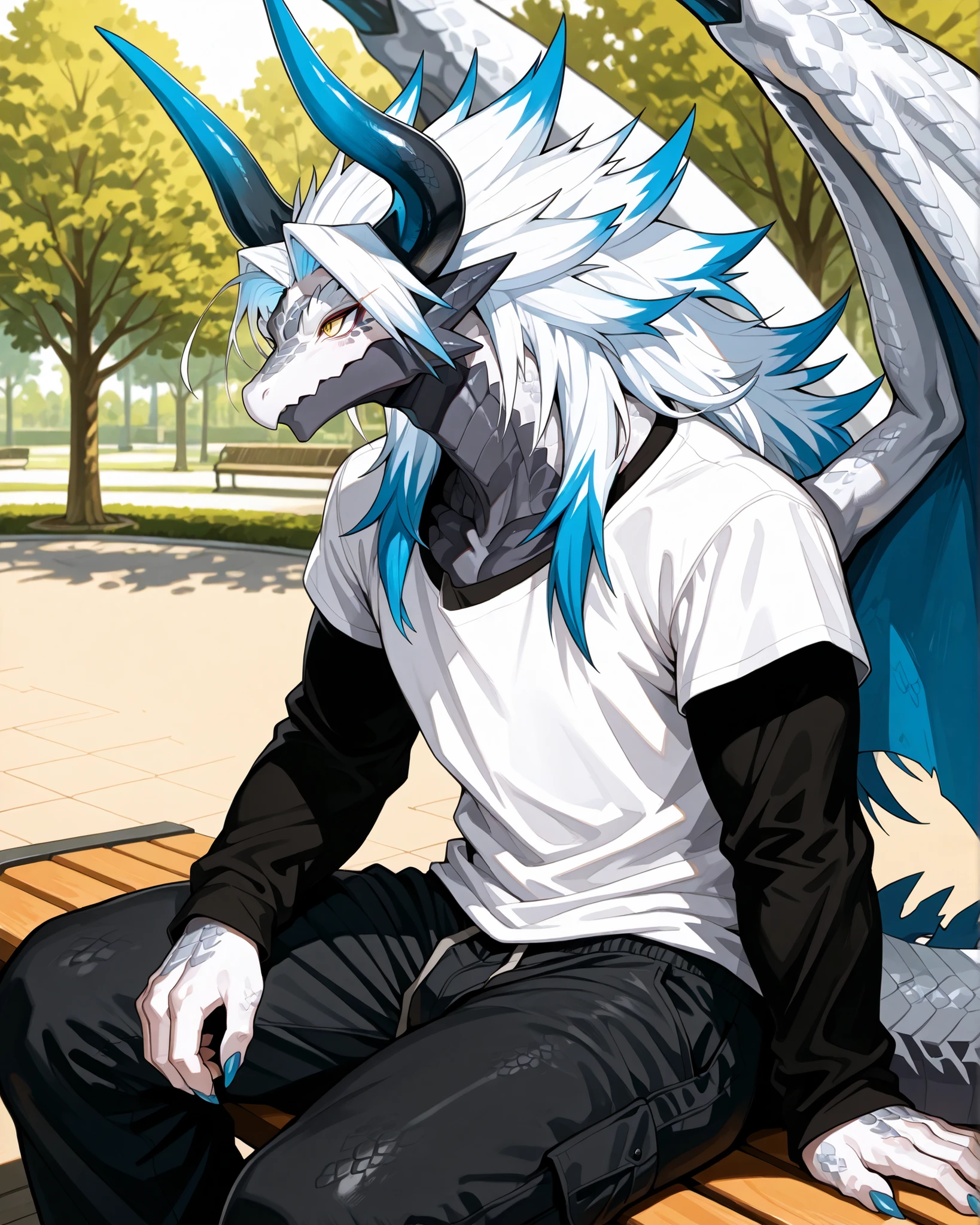 best quality,4g1typ3,Batzz,,Dragon, solo, male focus, white body, blue tails, muscular, white hair with blue tips, Maine, long hair, tailed hair, long face, horns, blue nail, Dragon boy, tail, big wings, detailed eyes, yellow eyes, eye shadow, eyeliner, makeup, dragon boy, scaly, scales, white face, horns back, voluptuous, in the park, park background, black loose-fitting long-sleeved t-shirt, double-layer t-shirt, black loose pants, sitting on the bench, side view