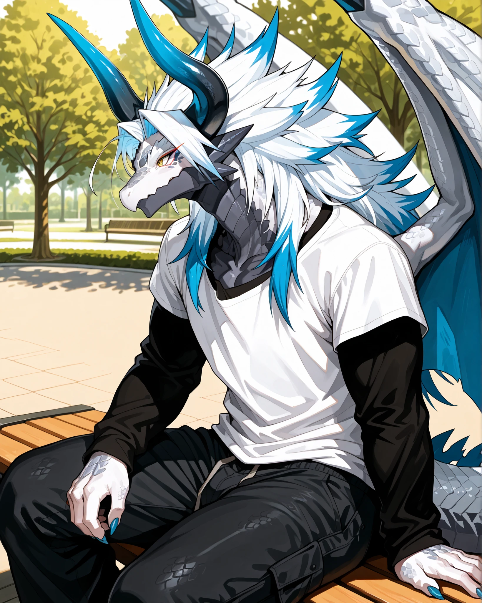 best quality,4g1typ3,Batzz,,Dragon, solo, male focus, white body, blue tails, muscular, white hair with blue tips, Maine, long hair, tailed hair, long face, horns, blue nail, Dragon boy, tail, big wings, detailed eyes, yellow eyes, eye shadow, eyeliner, makeup, dragon boy, scaly, scales, white face, horns back, voluptuous, in the park, park background, black loose-fitting long-sleeved t-shirt, double-layer t-shirt, black loose pants, sitting on the bench, side view