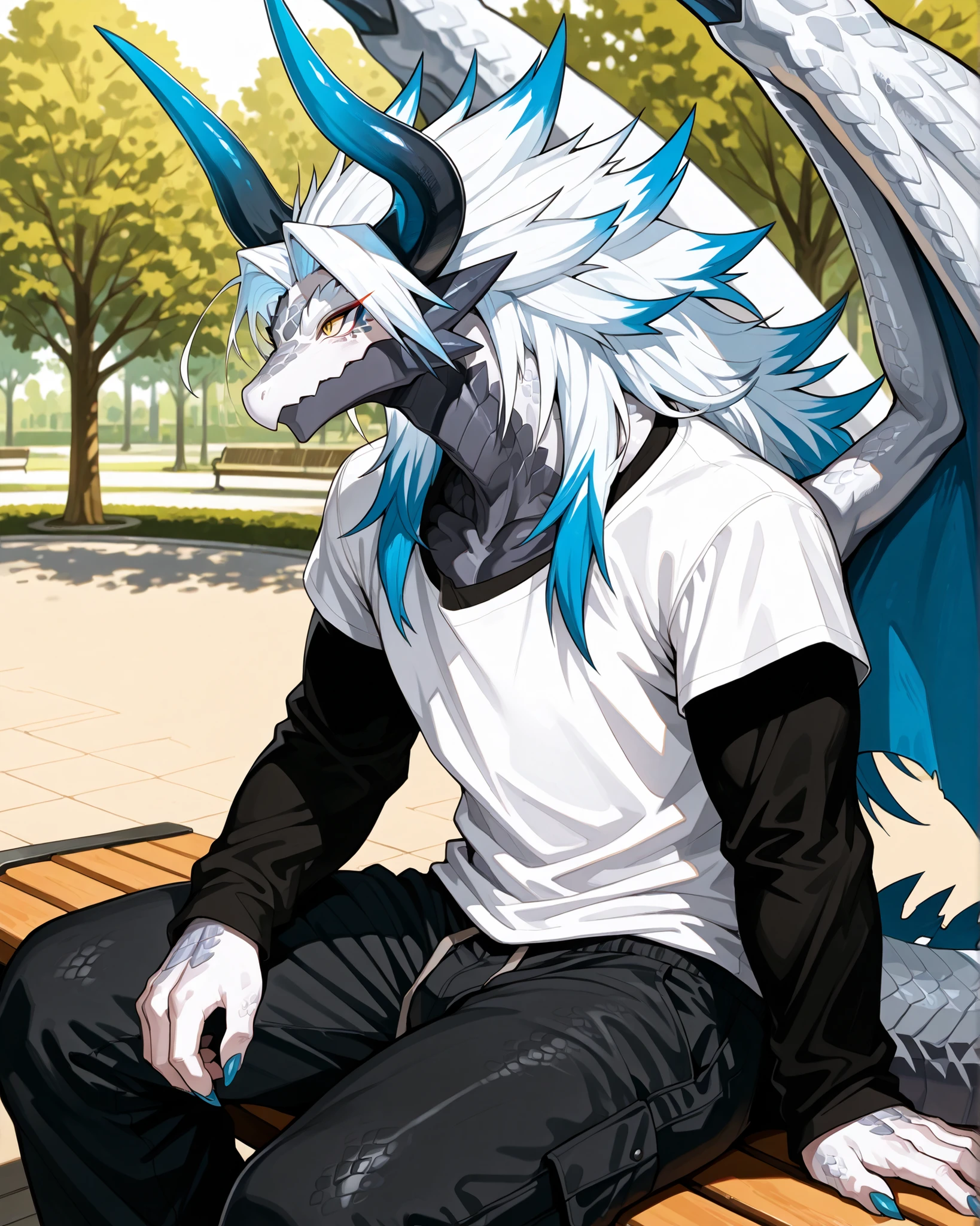 best quality,4g1typ3,Batzz,,Dragon, solo, male focus, white body, blue tails, muscular, white hair with blue tips, Maine, long hair, tailed hair, long face, horns, blue nail, Dragon boy, tail, big wings, detailed eyes, yellow eyes, eye shadow, eyeliner, makeup, dragon boy, scaly, scales, white face, horns back, voluptuous, in the park, park background, black loose-fitting long-sleeved t-shirt, double-layer t-shirt, black loose pants, sitting on the bench, side view