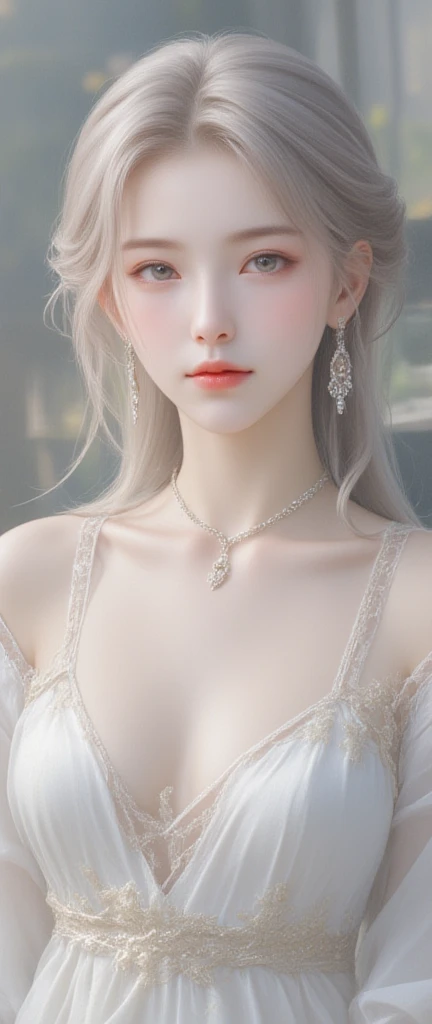 sitting on desk, aroused, necklace, earrings, full body, long white hair, white kimono, superb, ultra-high-definition, RAW photo, realism: 1.25), (bright lip gloss, long eyelashes, smooth face , bright skin, natural shadows, wide light, wide light, depth of field, strong colors, subtle caustics: 0.8), smile, (big ), v6