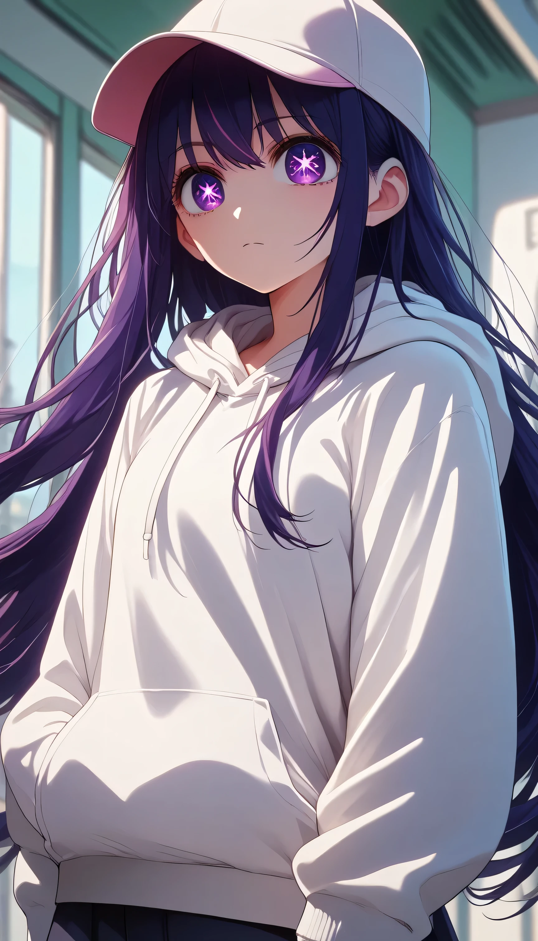A Ai hoshino as a big ass student huge boobs, long hair, bangs, purple eyes, purple hair, symbol-shaped pupils, in a tight uniform in a school, hood, hoodie, long sleeves, white hoodie, hat, baseball cap,