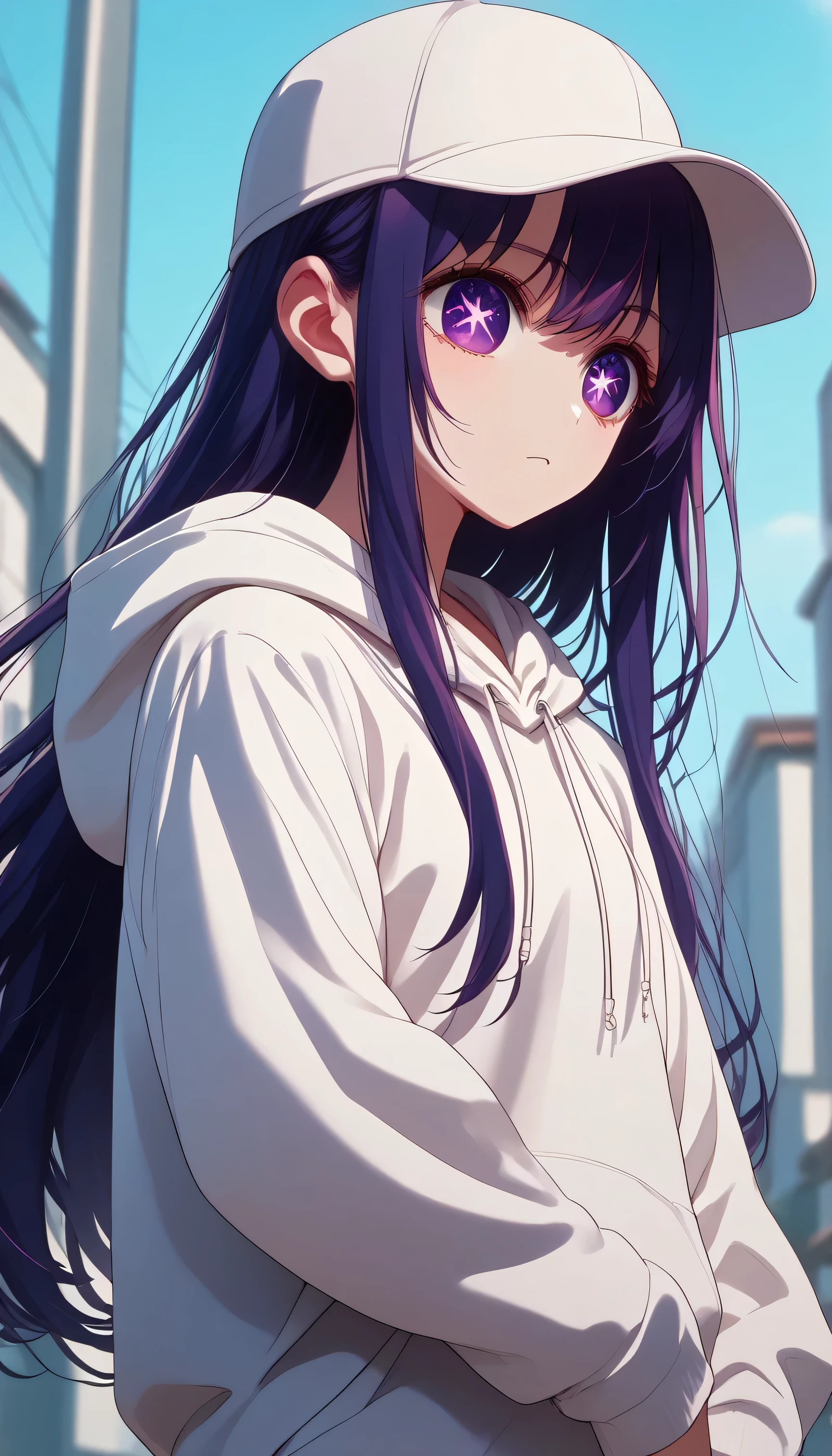 A Ai hoshino as a big ass student huge boobs, long hair, bangs, purple eyes, purple hair, symbol-shaped pupils, in a tight uniform in a school, hood, hoodie, long sleeves, white hoodie, hat, baseball cap,