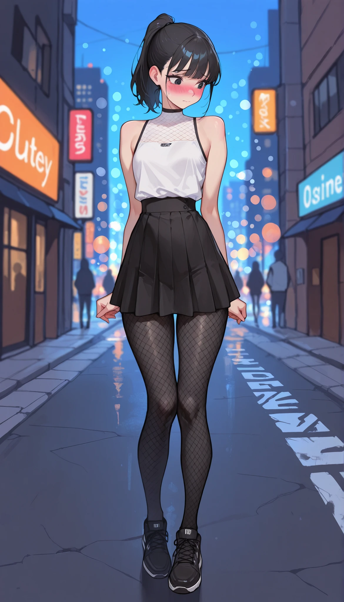 Masterpiece, the best quality, high quality, ultra detailed, master-piece, hyper quality, hyper detailed, perfect drawing, excellent and accurate human body anatomy, sexy body figure, slim figure, 1 female, dark black eyes, long black hair (ponytail), wearing a white sleeveless top, tight black short skirt, black shoes with black fishnet leggings, looks so cute, shy expression, blushing slightly, ((full body)), youthful, streets background, city vibes, sexy cute, bokeh