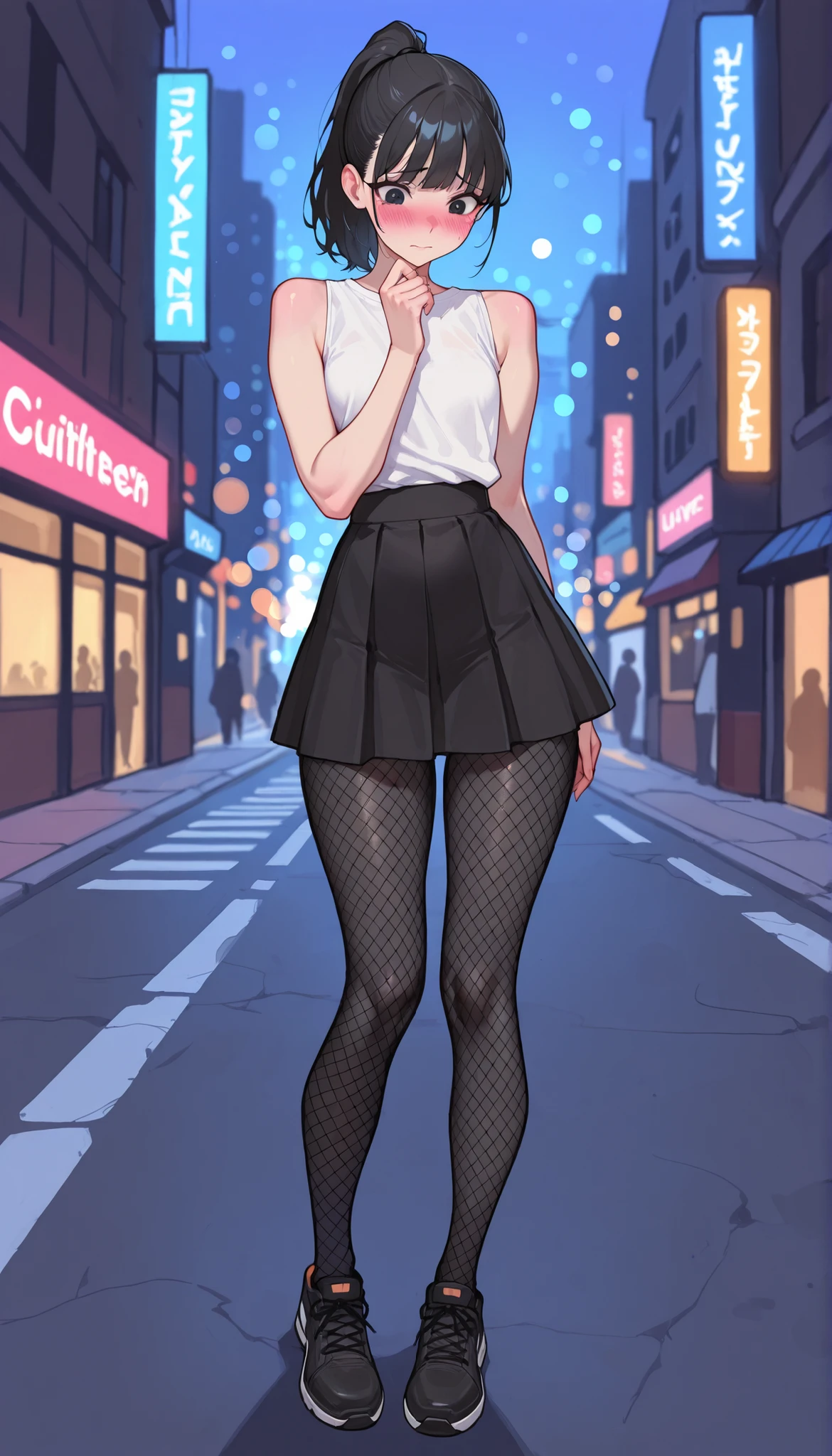 Masterpiece, the best quality, high quality, ultra detailed, master-piece, hyper quality, hyper detailed, perfect drawing, excellent and accurate human body anatomy, sexy body figure, slim figure, 1 female, dark black eyes, long black hair (ponytail), wearing a white sleeveless top, tight black short skirt, black shoes with black fishnet leggings, looks so cute, shy expression, blushing slightly, ((full body)), youthful, streets background, city vibes, sexy cute, bokeh