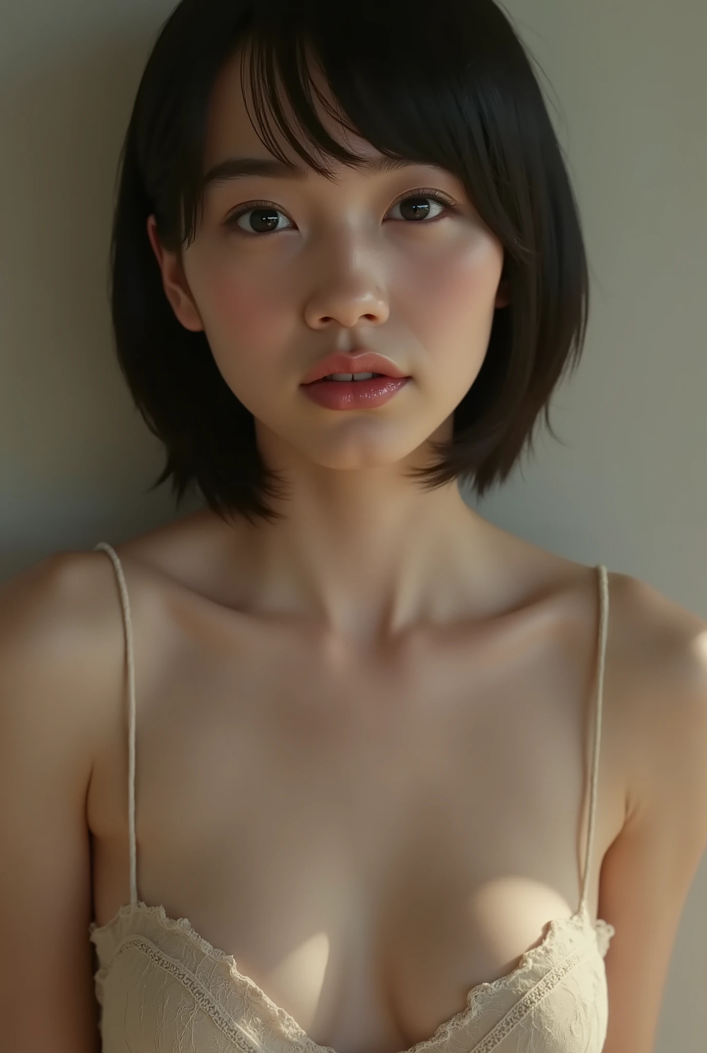 (( premium quality, 8k )), ((masterpiece)), ( details), 、dark hair, Japanese Girl, first-person view ,One Woman, thin girl, petite girl , sexy,( full nude, in the bedroom),((( very large breasts, full nude, beautiful breasts, short bob hair , dark hair))), ((dark hair )) , (( No Decorations, no accessories, full nude, without makeup))