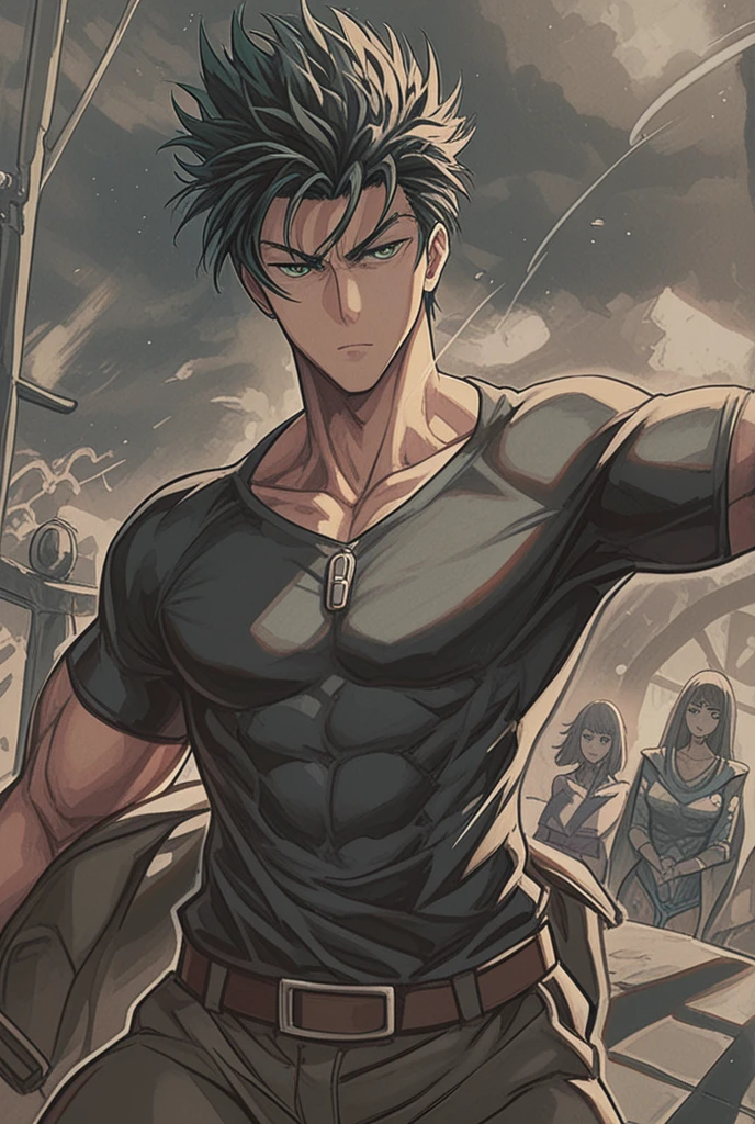 Anime style, Epic battle scene, One Piece, Luffy, defeating, Gilgamesh, high-resolution, action-packed, Luffy with triumphant grin, leaning on his sword, celebratory pose, against the backdrop of a floating island, golden sunset, sparkling ocean, foamy waves, Luffy's iconic straw hat, blown by the wind, Luffy's muscular physique, scar describing his journey, Gilgamesh lying defeated, armor shattered, confused expression, epic triumph, perfect , detailed portrait, digital masterpiece, 4K wallpaper, stunning visuals, One Piece masterpiece.