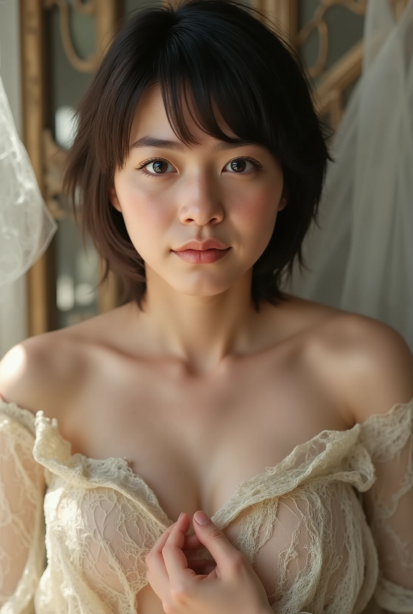 (( premium quality,  8k )), ((masterpiece)), ( details),    、dark hair,  Japanese Girl,   first-person view   ,One Woman, thin girl, petite girl ,   sexy,(  full nude,  in the bedroom),(((    very large breasts,  full nude,  beautiful breasts, short bob hair , dark hair))),  ((dark hair )) , (( No Decorations,  no accessories,   full nude,     without makeup))