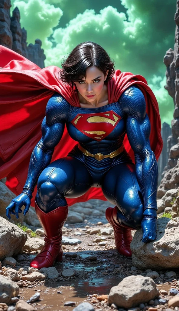 upper body photo of supergirl, short hair, , red cape, regretful, outdoors sunny day, muscular jacked body,big bulging biceps, landscape, analog style (look at viewer:1.2) (skin texture), Fujifilm XT3, DSLR, 50mm  