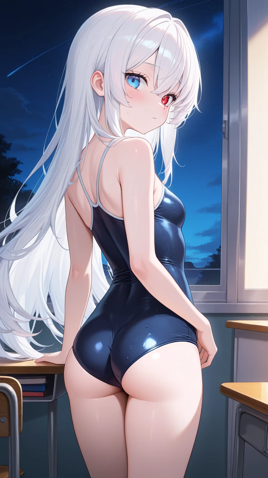 Best picture quality，highly  detailed，Body and facial contours:1.2）Rainy days，Wear a white bra，White lace  panties，Pouting ass，animemanga girl ，Weakness of the body，Slim waist，slender leg，Bedrooms，facing away from the audience，Side head，High ponytail with long hair